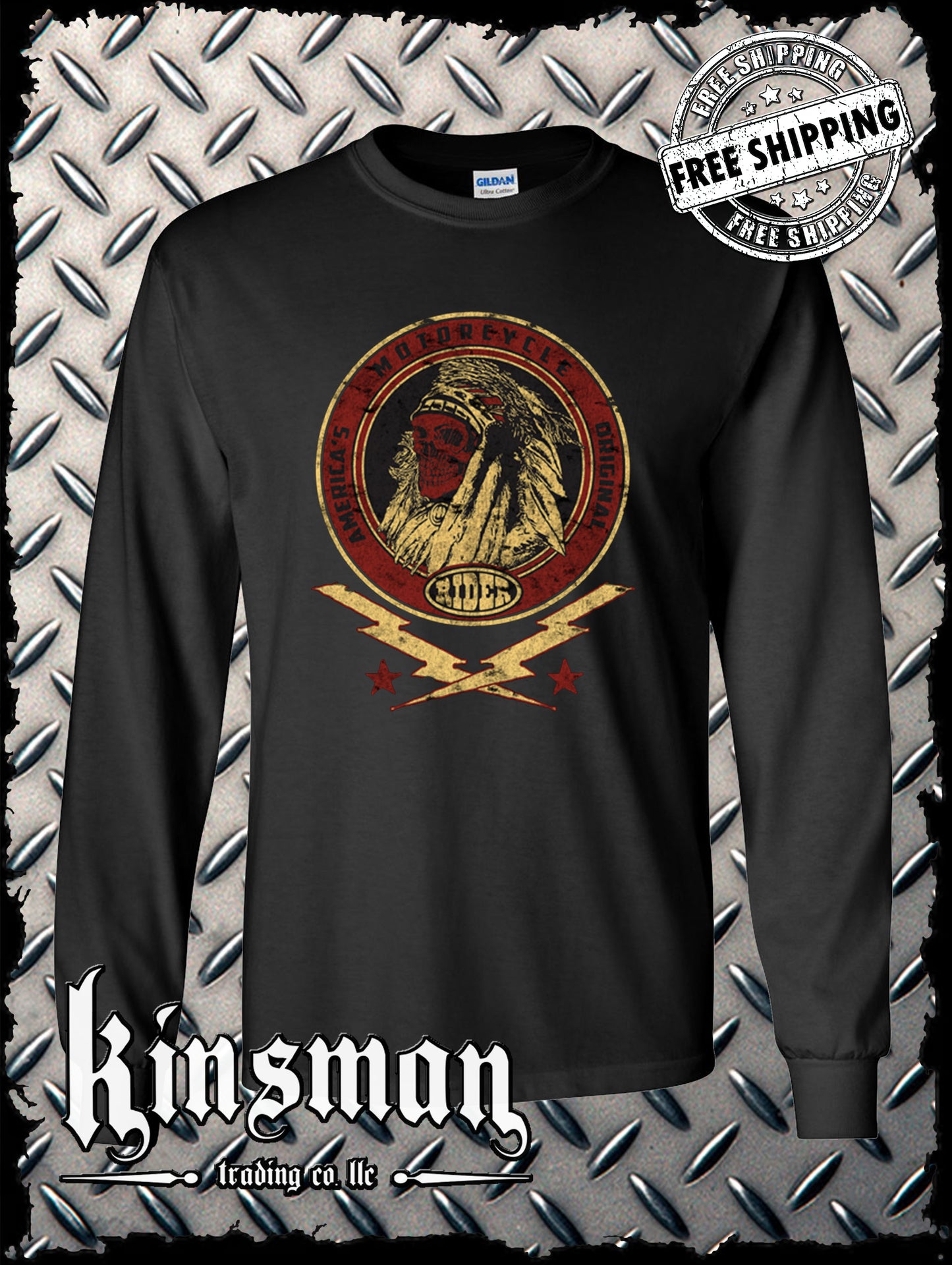 Custom Tradition Motorcycle Biker Long Sleeve T-Shirt / Indian Skull War Bonnet