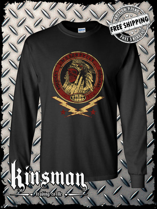 Custom Tradition Motorcycle Biker Long Sleeve T-Shirt / Indian Skull War Bonnet