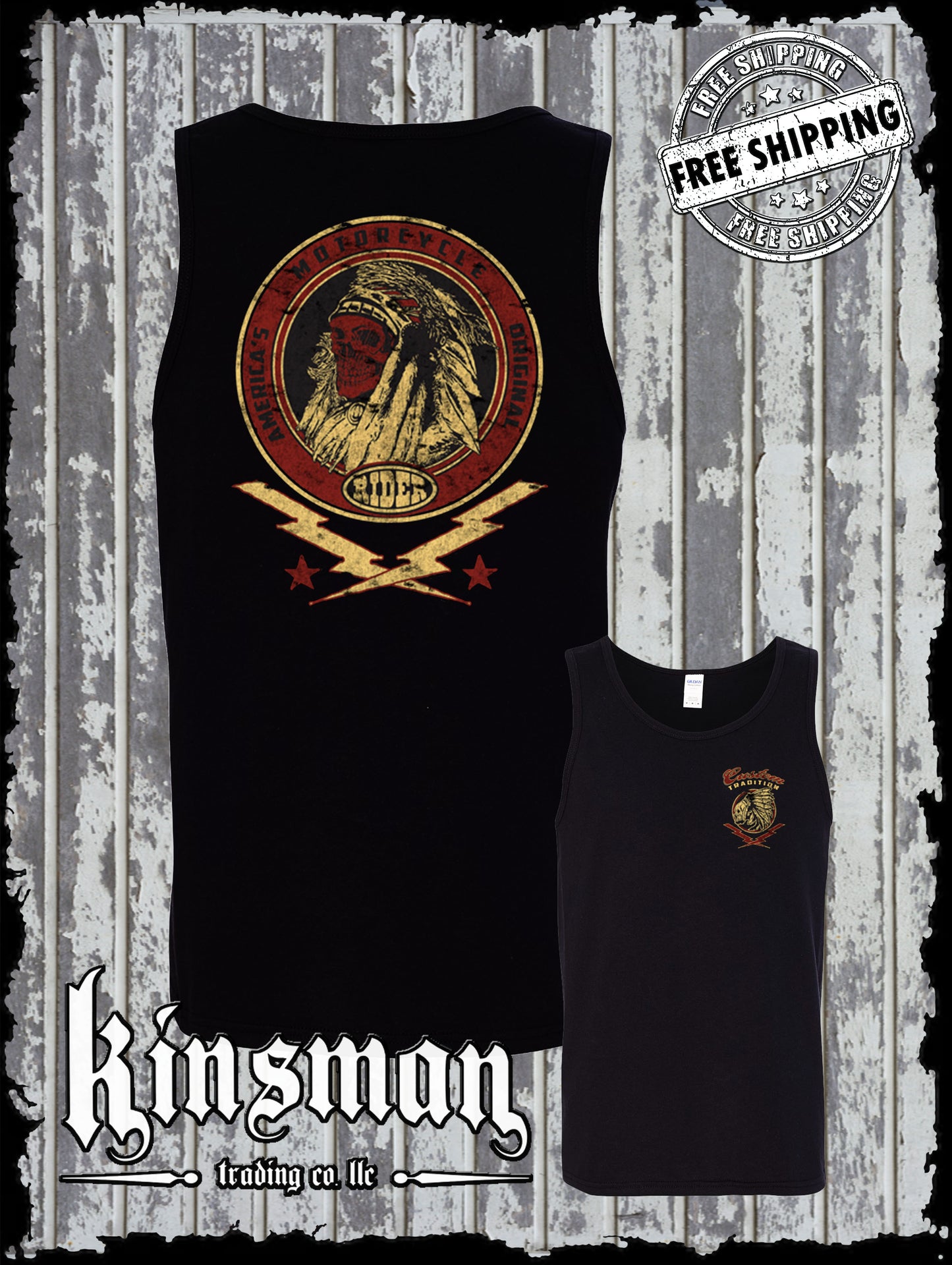 Custom Tradition Motorcycle Biker 2-Sided Tank Top T-Shirt / Indian Skull War Bonnet