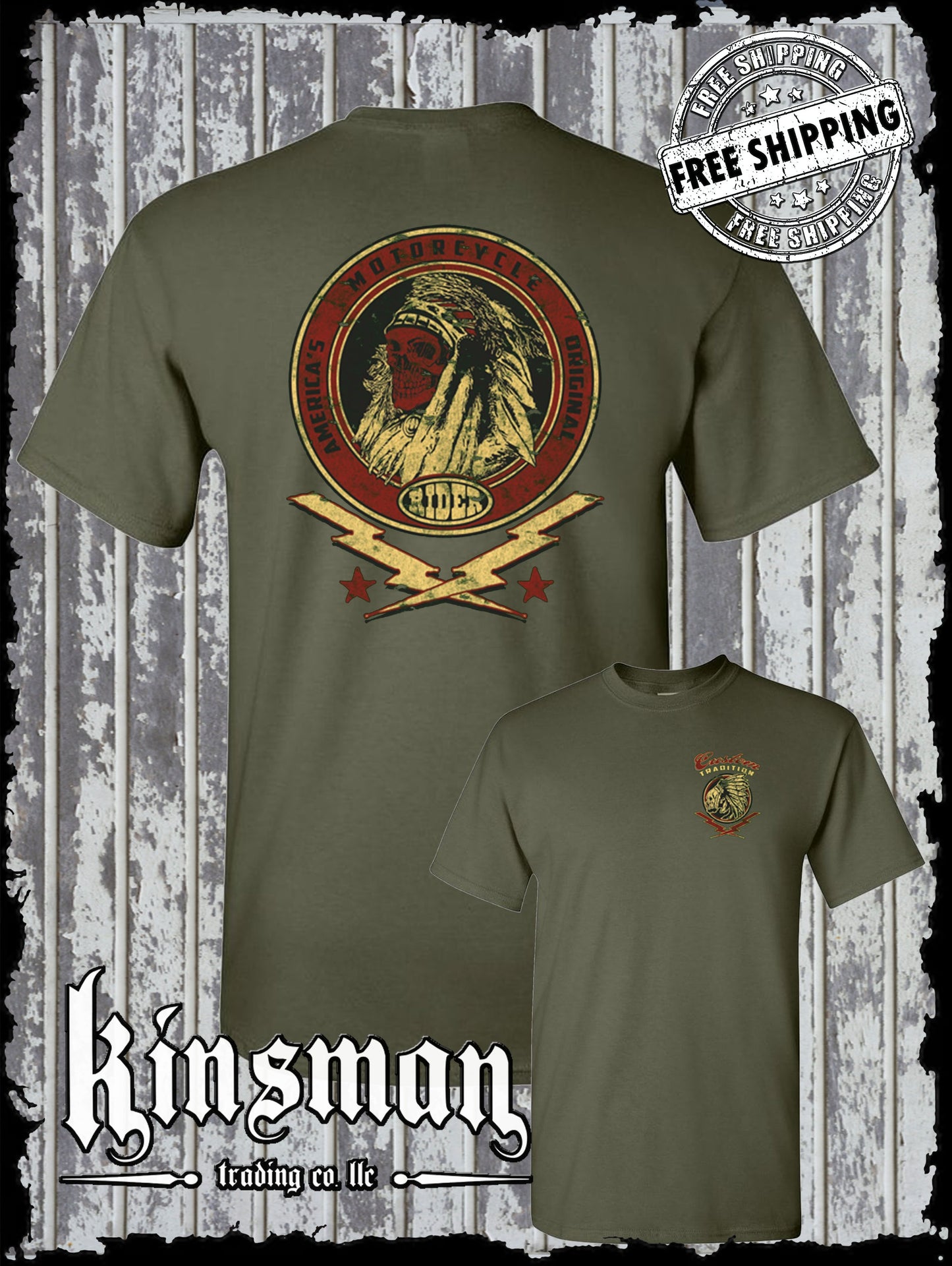 Custom Tradition Motorcycle Biker 2-Sided T-Shirt / Indian Skull War Bonnet