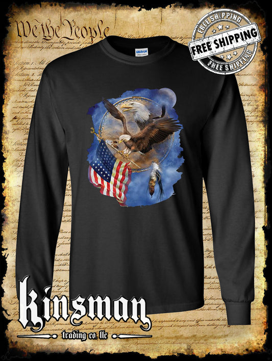Flight For Freedom Eagle American Flag Dreamcatcher Long Sleeve T-Shirt Indian