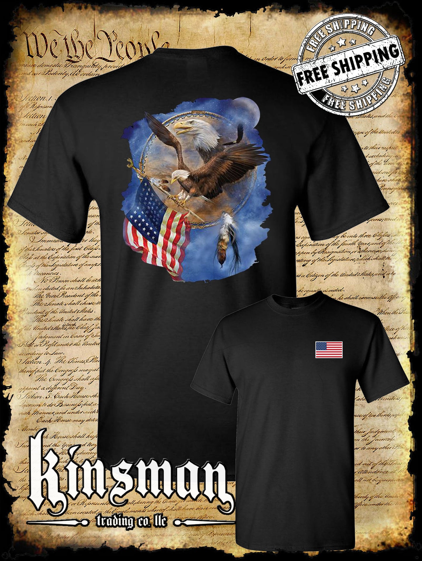 Flight For Freedom Eagle American Flag Dreamcatcher 2-Sided T-Shirt Indian