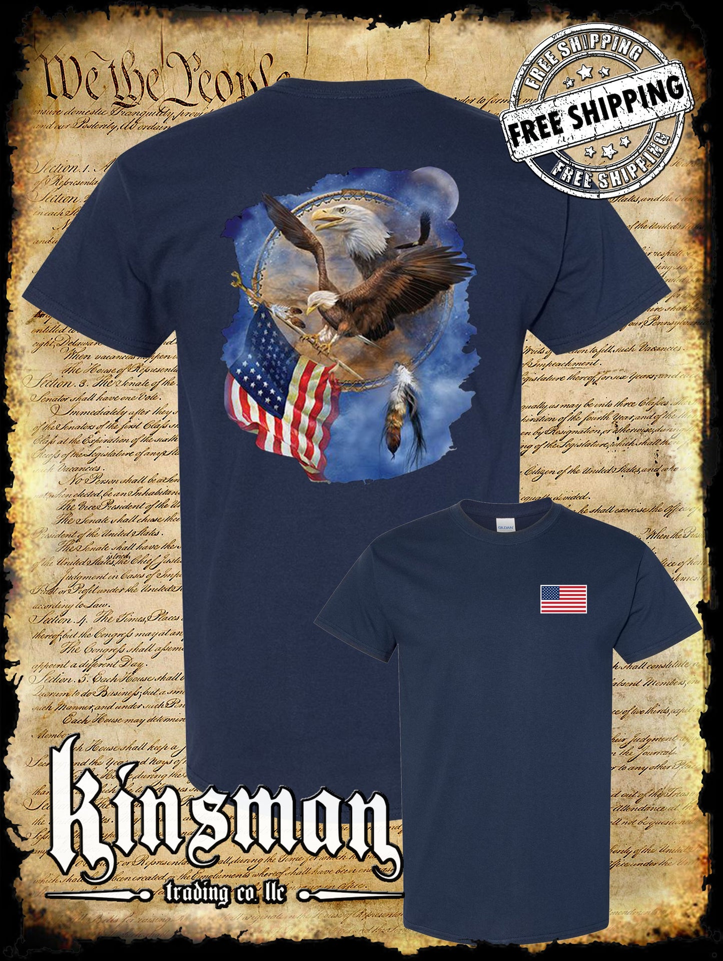 Flight For Freedom Eagle American Flag Dreamcatcher 2-Sided T-Shirt Indian