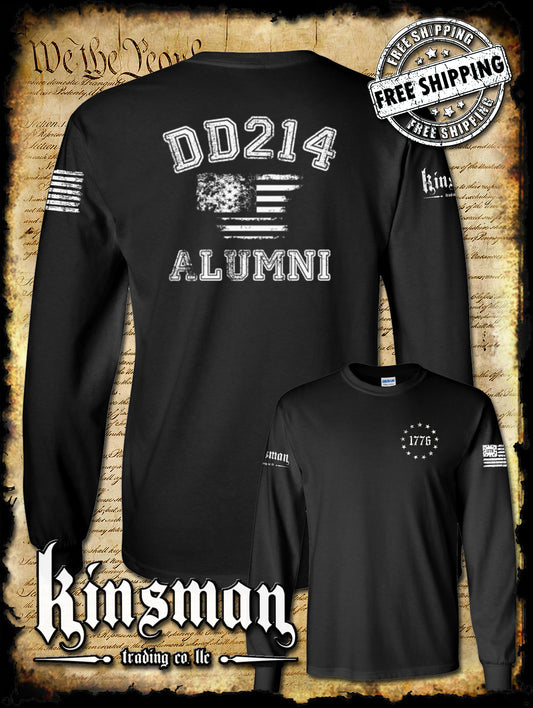 DD214 Alumni Flag US Military 2-Sided Long Sleeve T-Shirt - Army Marines Navy Air Force Veteran American Flag Distressed Style