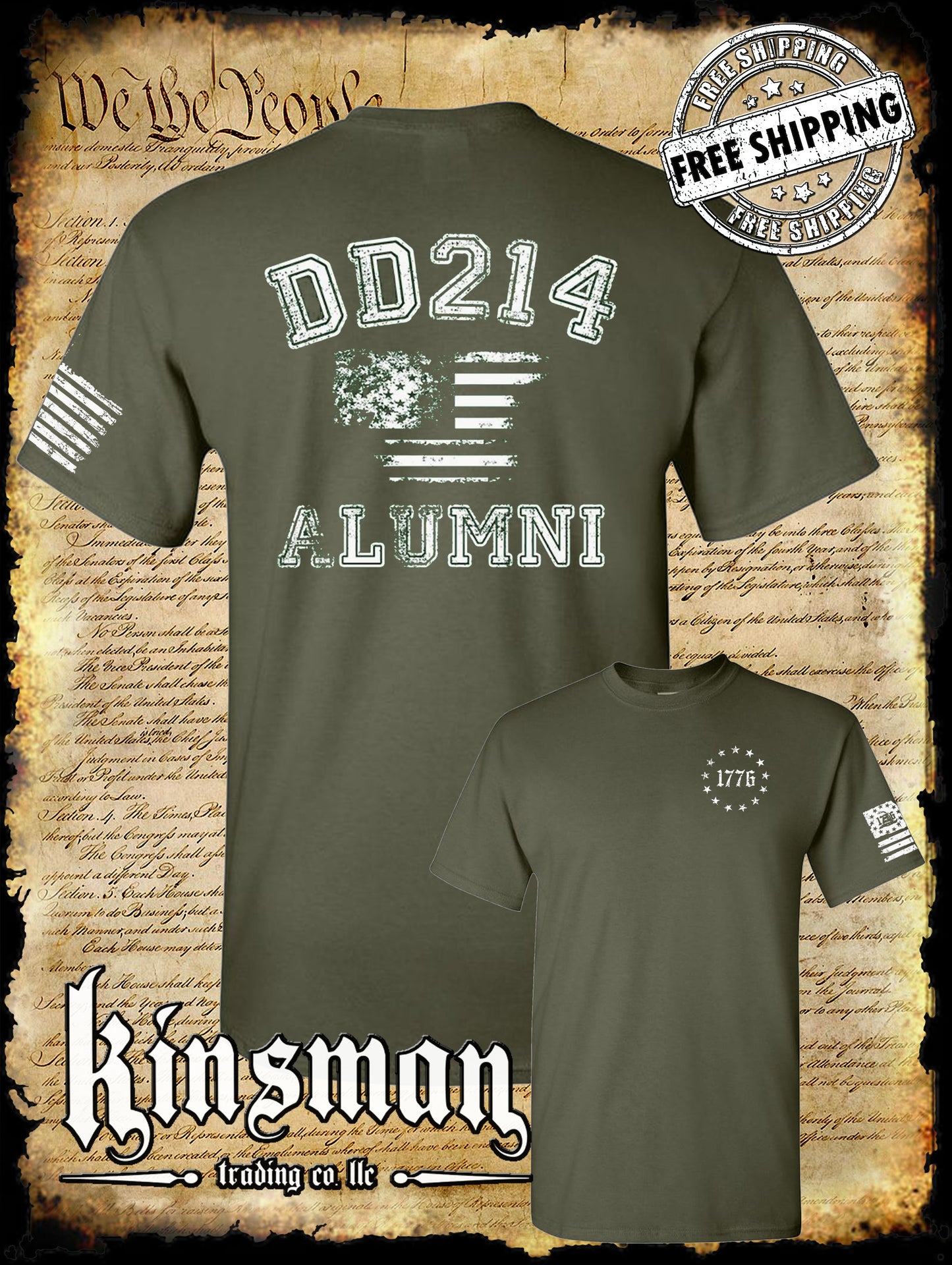 DD214 Alumni Flag US Military 2-Sided T-Shirt Army Marines Navy Air Force Veteran