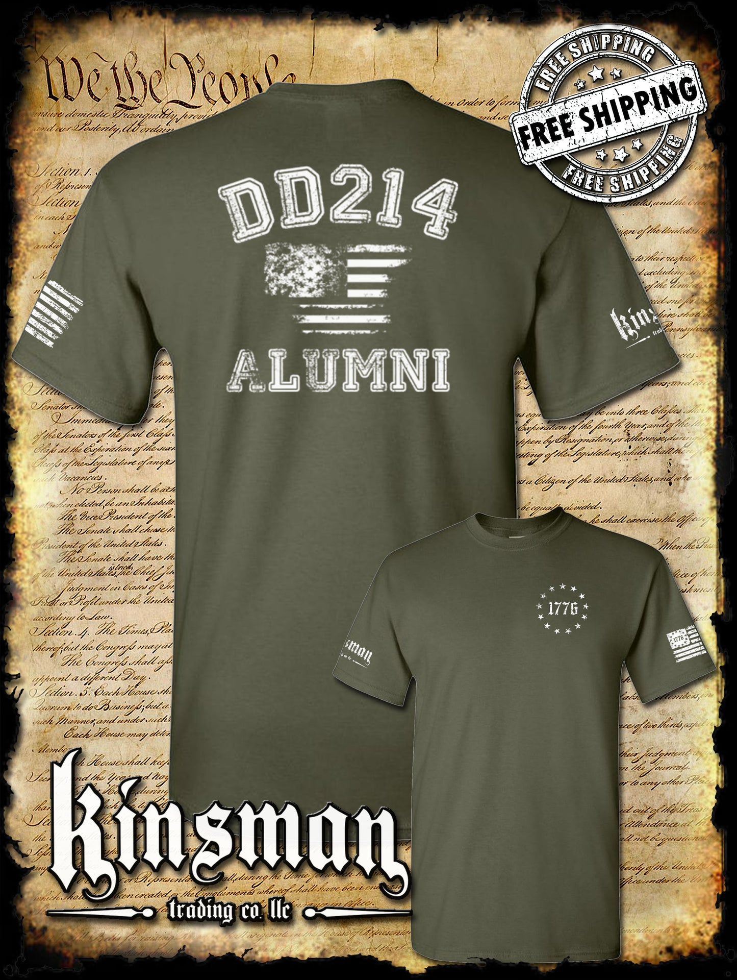 DD214 Alumni Flag US Military 2-Sided T-Shirt Army Marines Navy Air Force Veteran