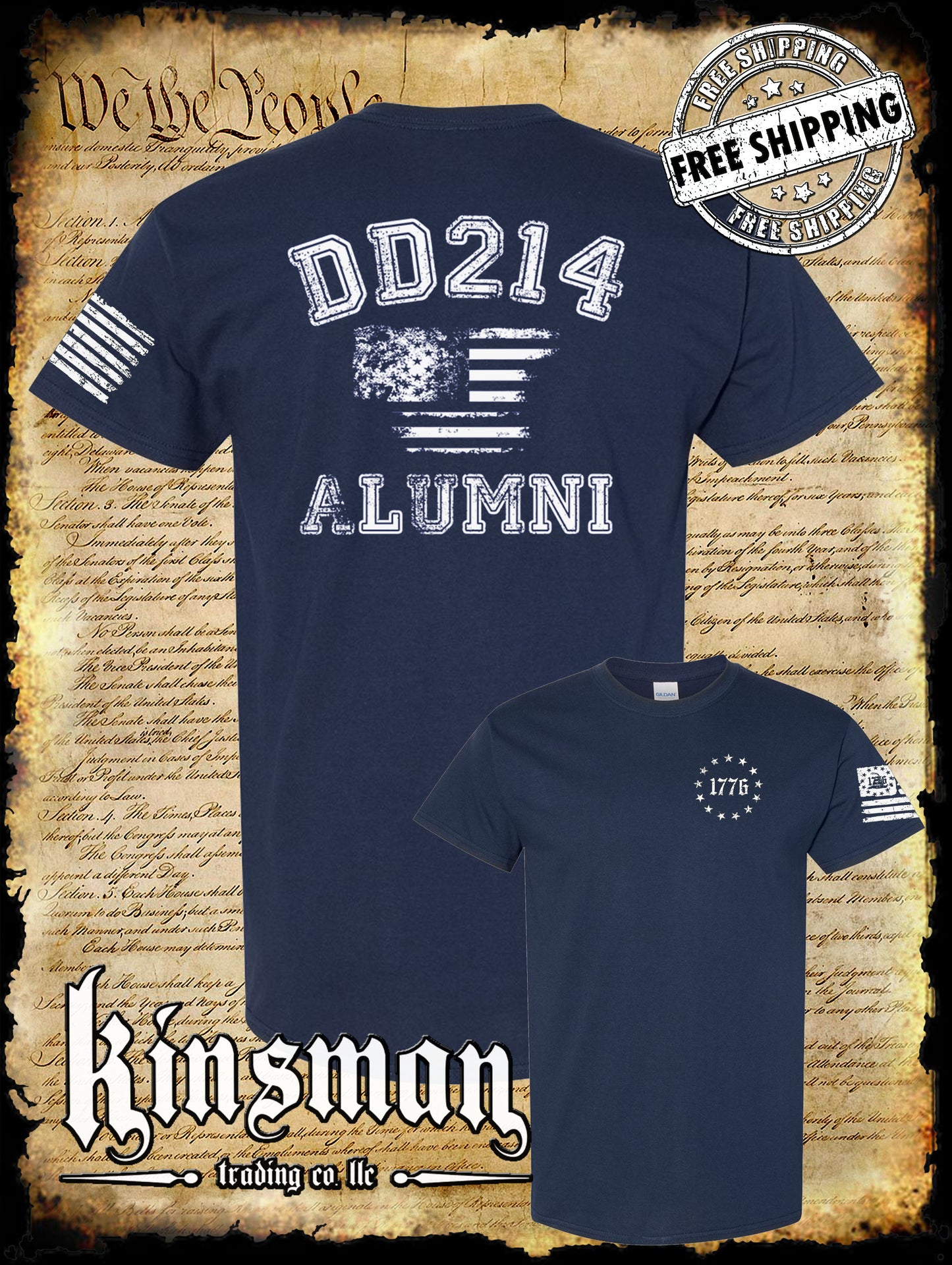 DD214 Alumni Flag US Military 2-Sided T-Shirt Army Marines Navy Air Force Veteran