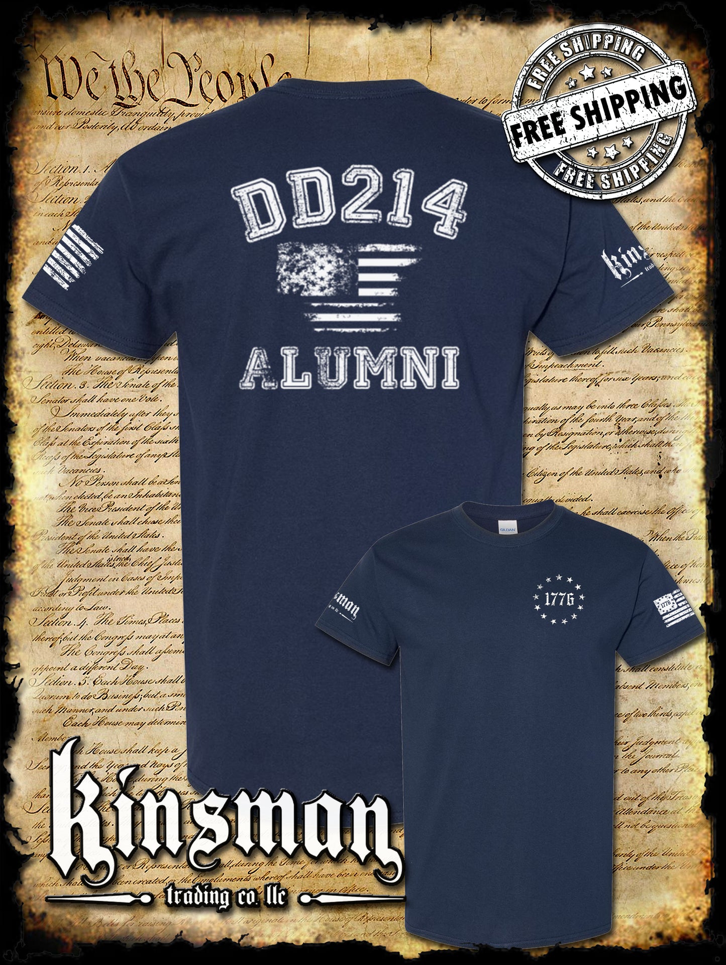 DD214 Alumni Flag US Military 2-Sided T-Shirt Army Marines Navy Air Force Veteran