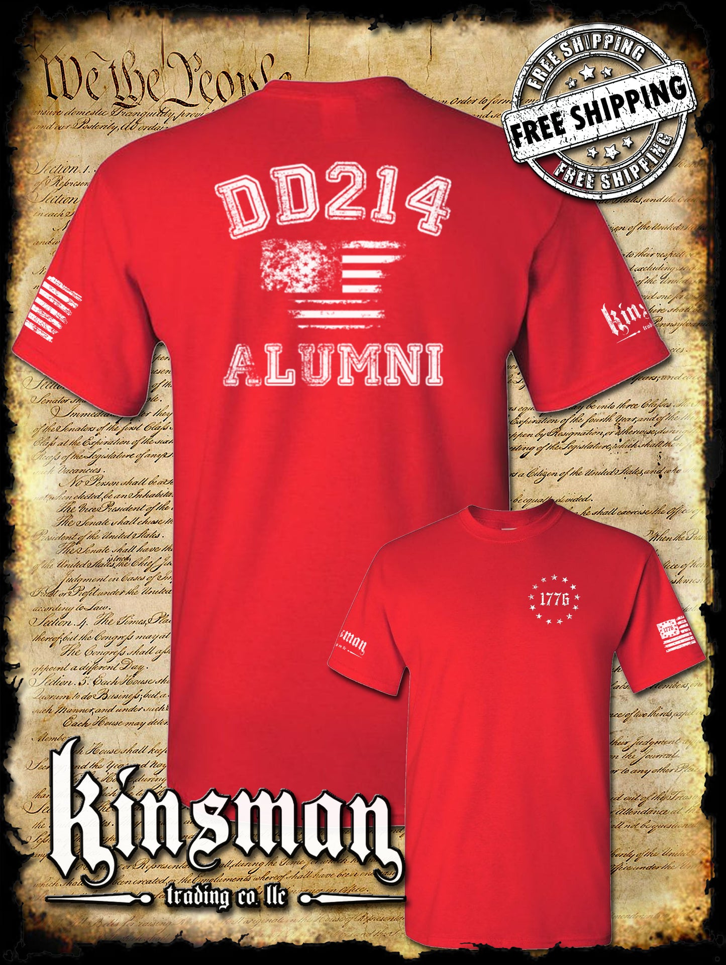 DD214 Alumni Flag US Military 2-Sided T-Shirt Army Marines Navy Air Force Veteran