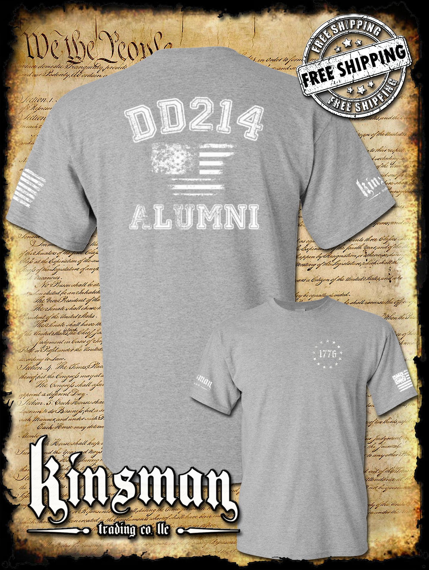 DD214 Alumni Flag US Military 2-Sided T-Shirt Army Marines Navy Air Force Veteran