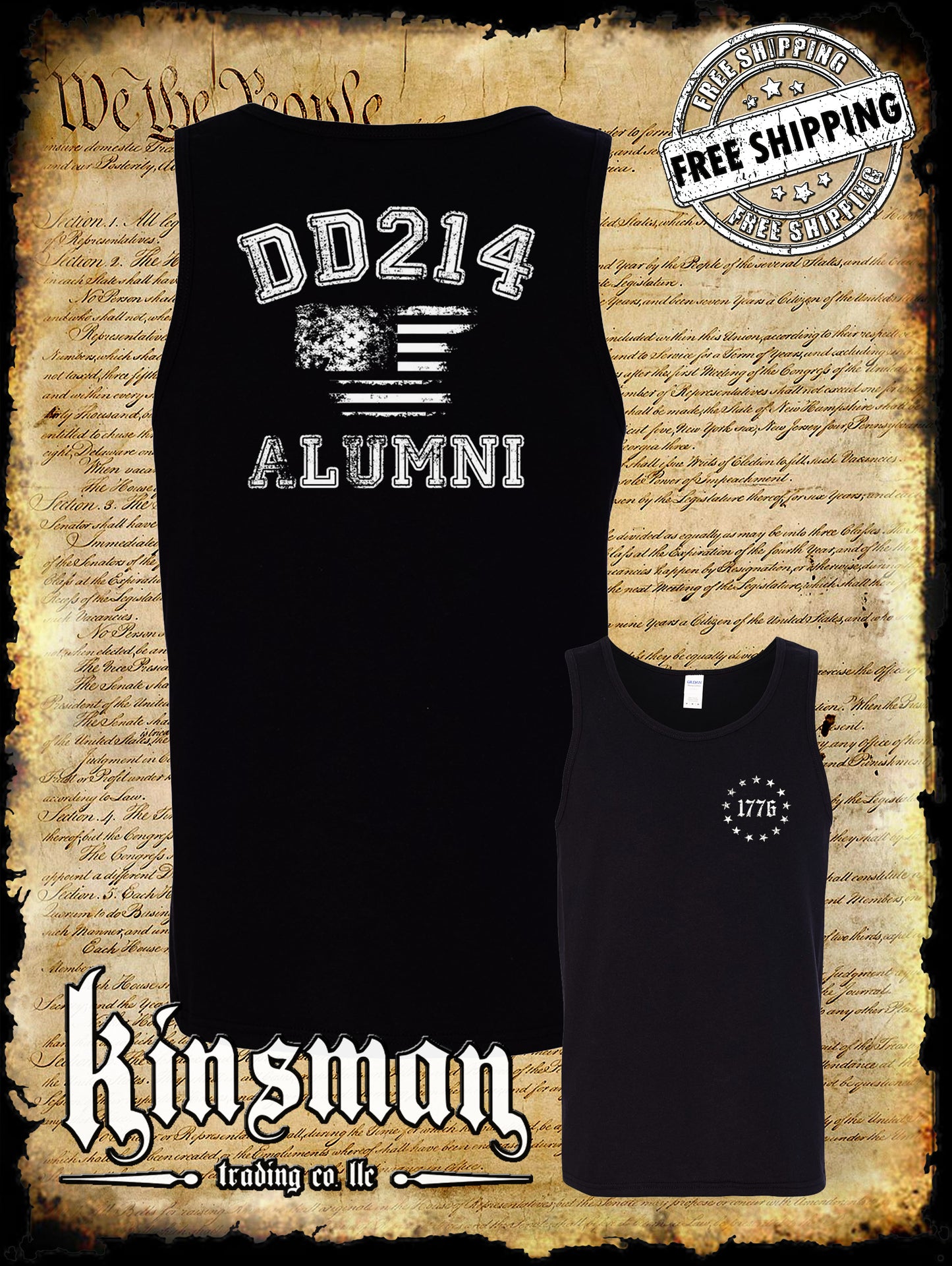 DD214 Alumni US Flag Military 2-Sided Tank Top T-Shirt Army Marines Navy Veteran USA