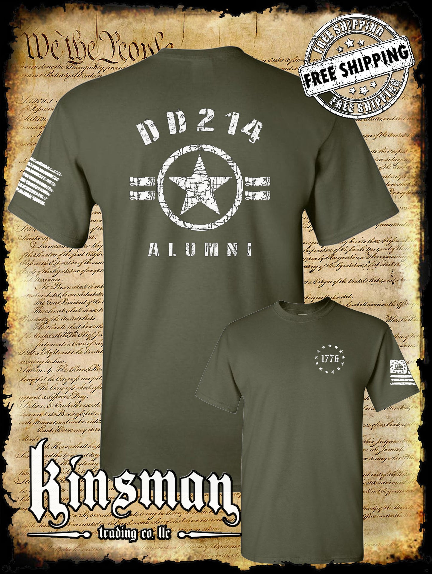 DD214 Alumni 2-Sided T-Shirt / US Army Marines Navy Military Coast Guard Flag