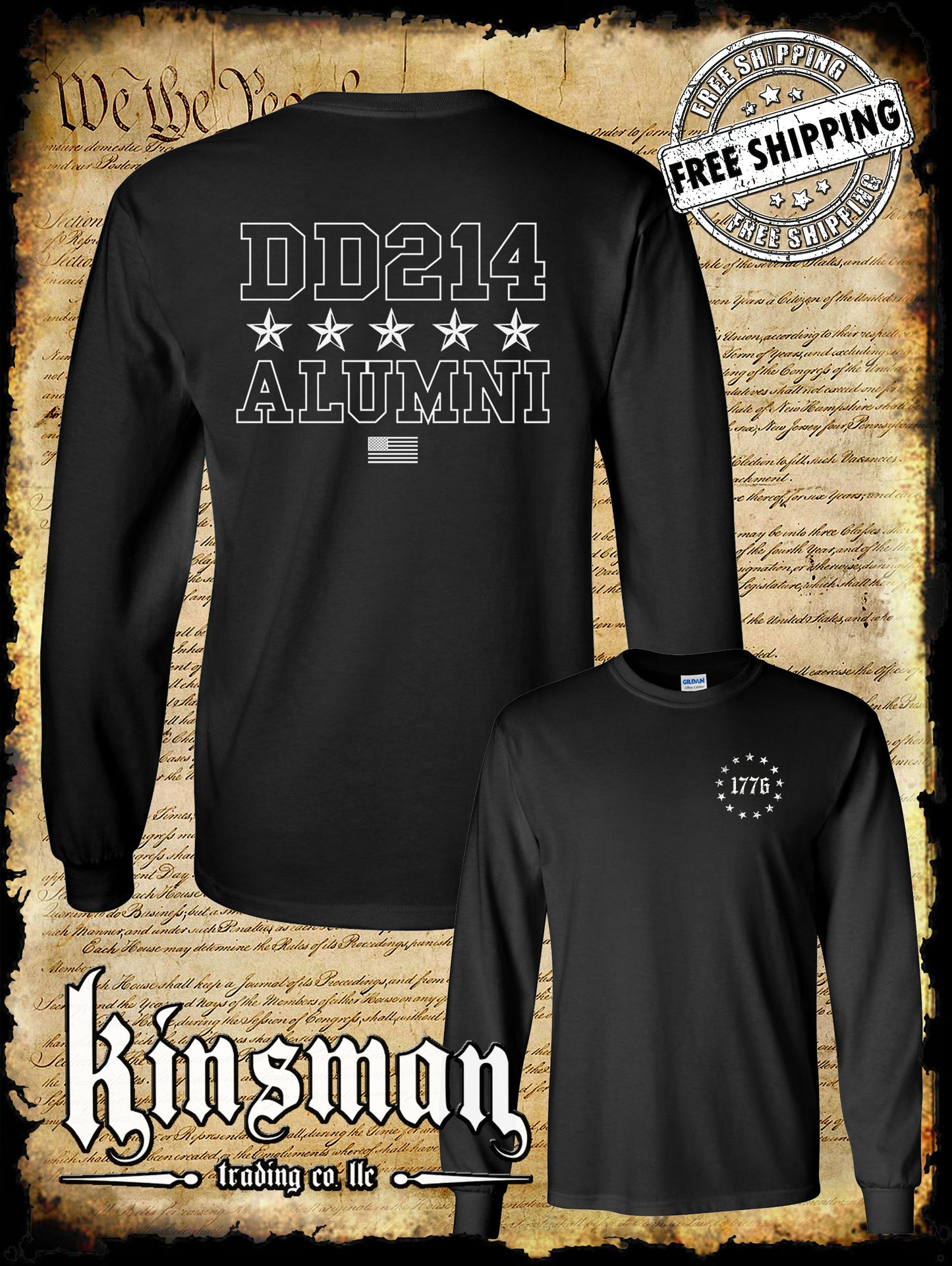 DD214 Alumni Stars USA Flag Military 2-Sided Long Sleeve T-Shirt Army Marines Navy Veteran