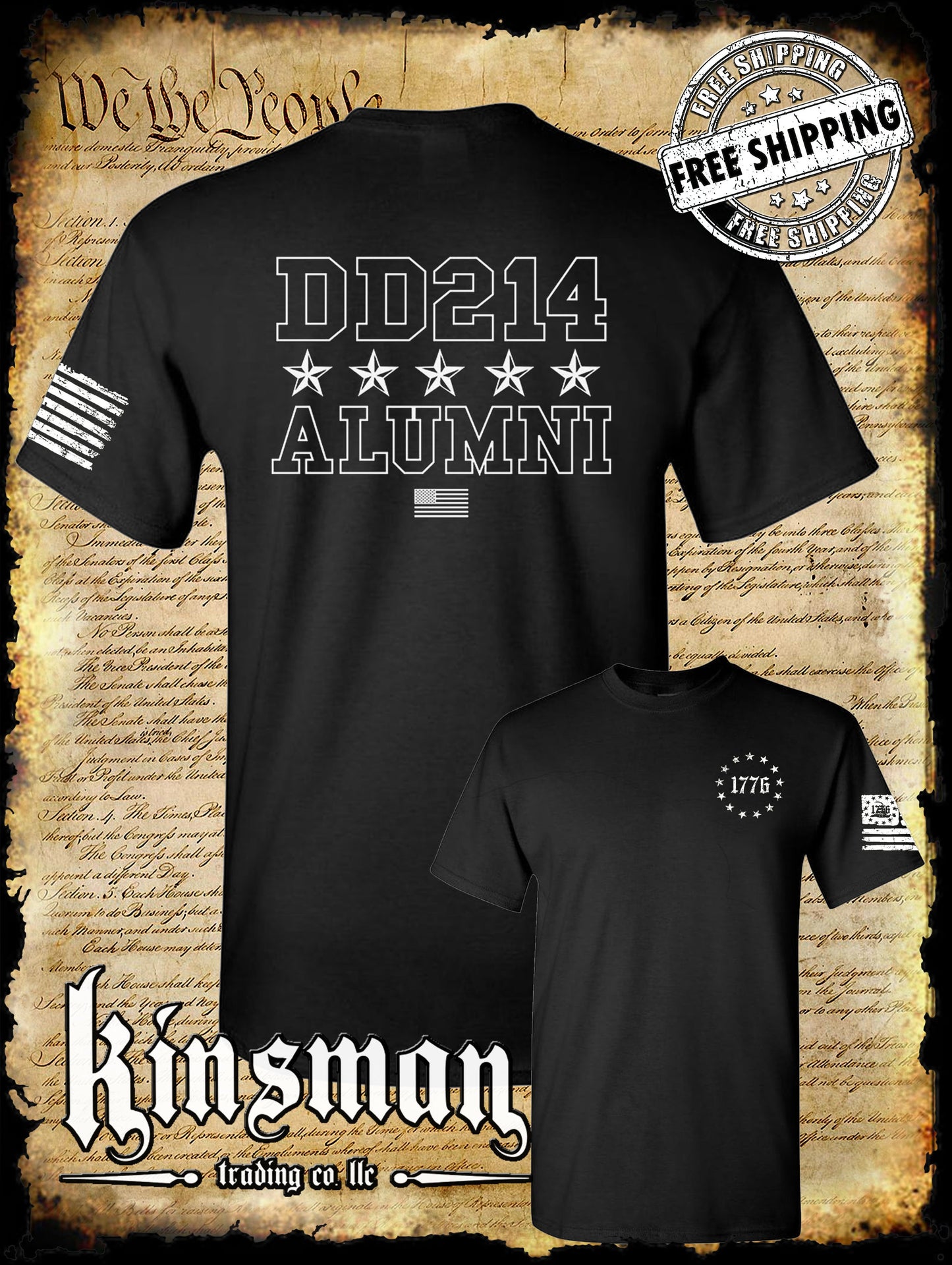 DD214 Alumni Stars USA Military 2-Sided T-Shirt Army Marines Navy Air Force Veteran