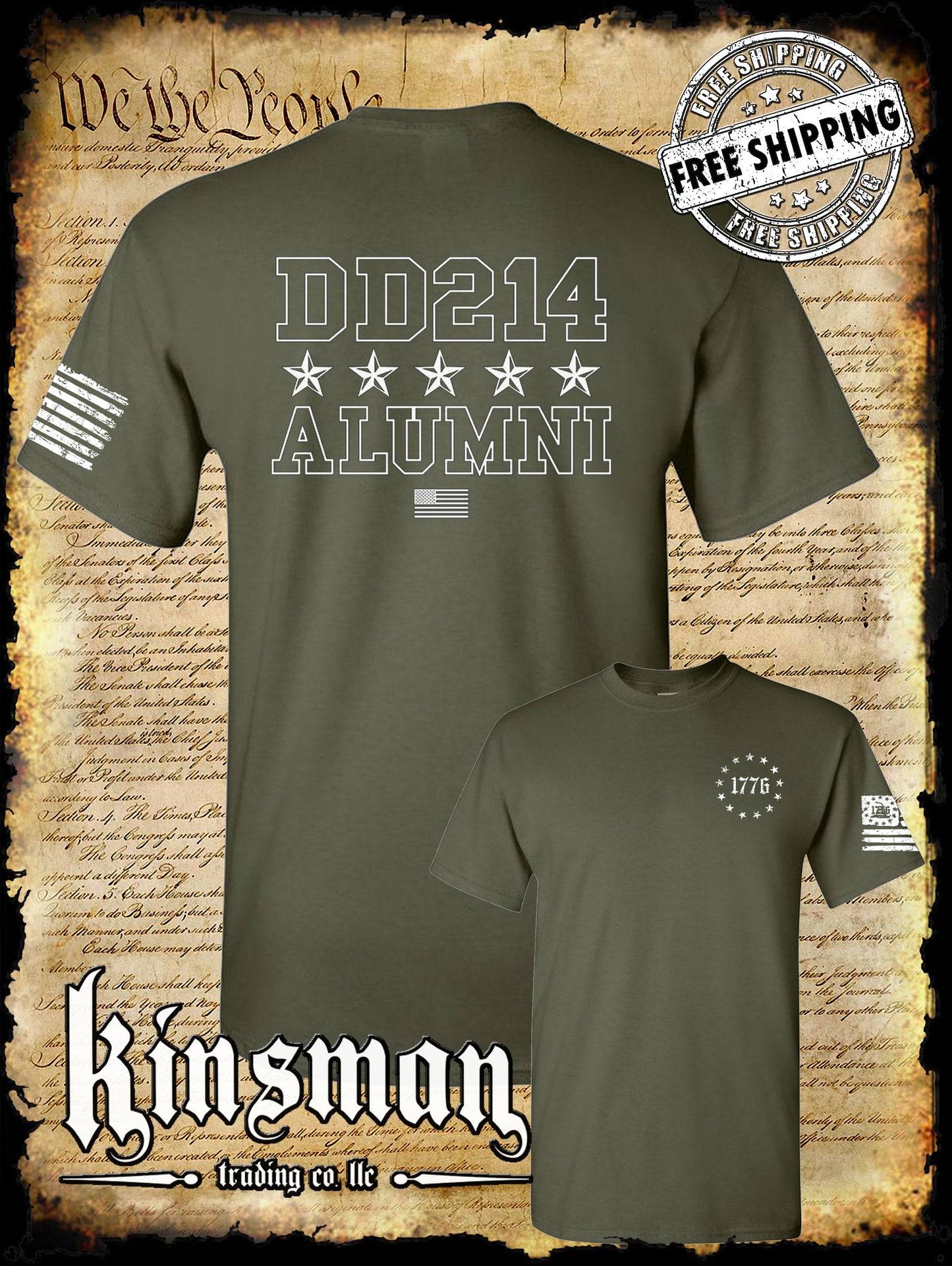 DD214 Alumni Stars USA Military 2-Sided T-Shirt Army Marines Navy Air Force Veteran