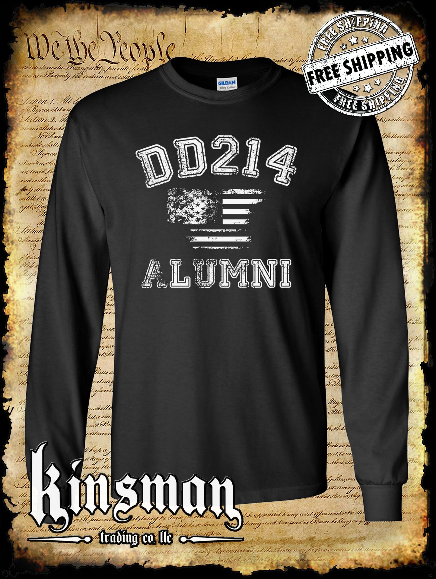 DD214 Alumni Flag US Military Long Sleeve T-Shirt - Army Marines Navy Air Force Veteran American Flag Distressed Style