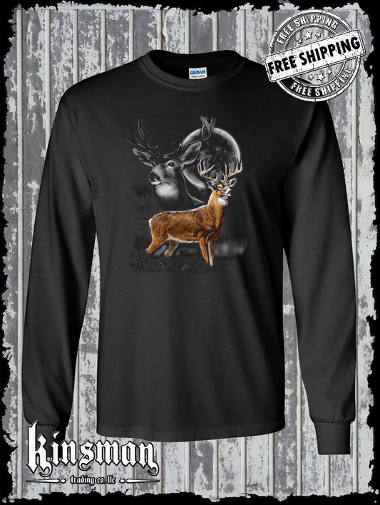 Whitetail Deer Wilderness Moon Long Sleeve T-Shirt Outdoor Nature Tee