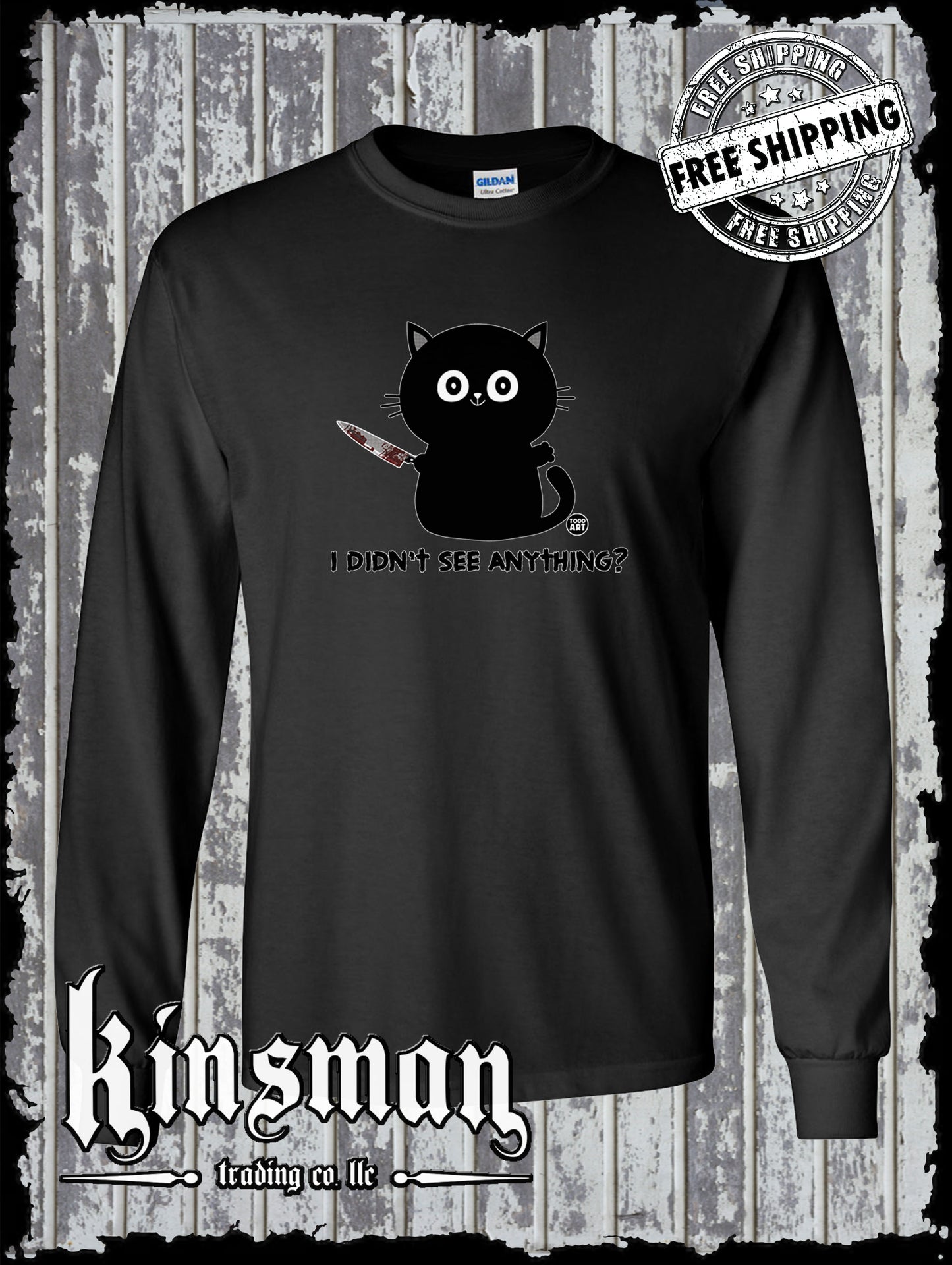 I Didn't See Anything Black Cat & Bloody Knife Long Sleeve T-Shirt Todd Goldman Halloween Horror