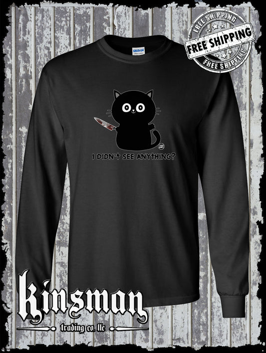 I Didn't See Anything Black Cat & Bloody Knife Long Sleeve T-Shirt Todd Goldman Halloween Horror