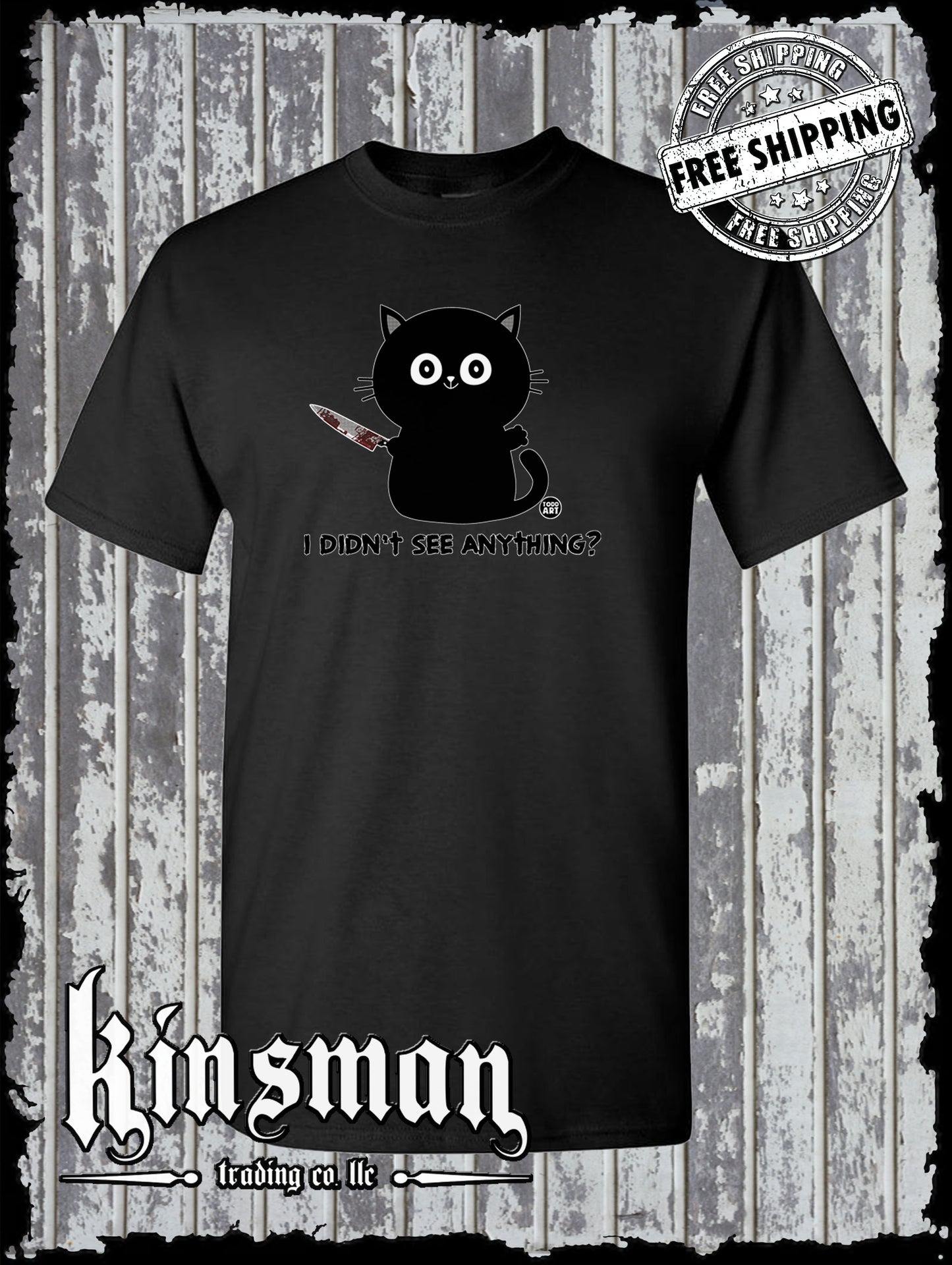 I Didn't See Anything Black Cat & Bloody Knife T-Shirt Todd Goldman Halloween Horror Funny