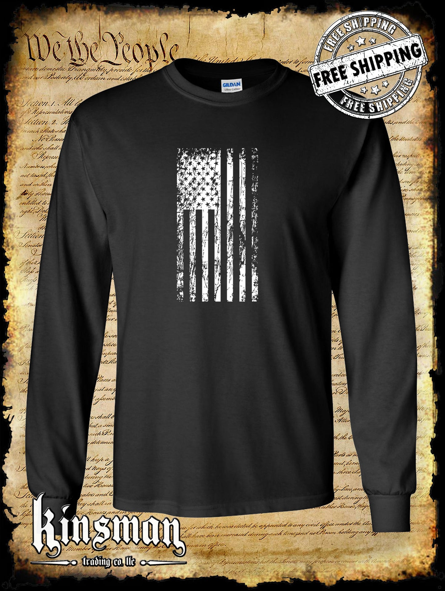 United States Flag Distressed Vertical Logo Long Sleeve T-Shirt USA