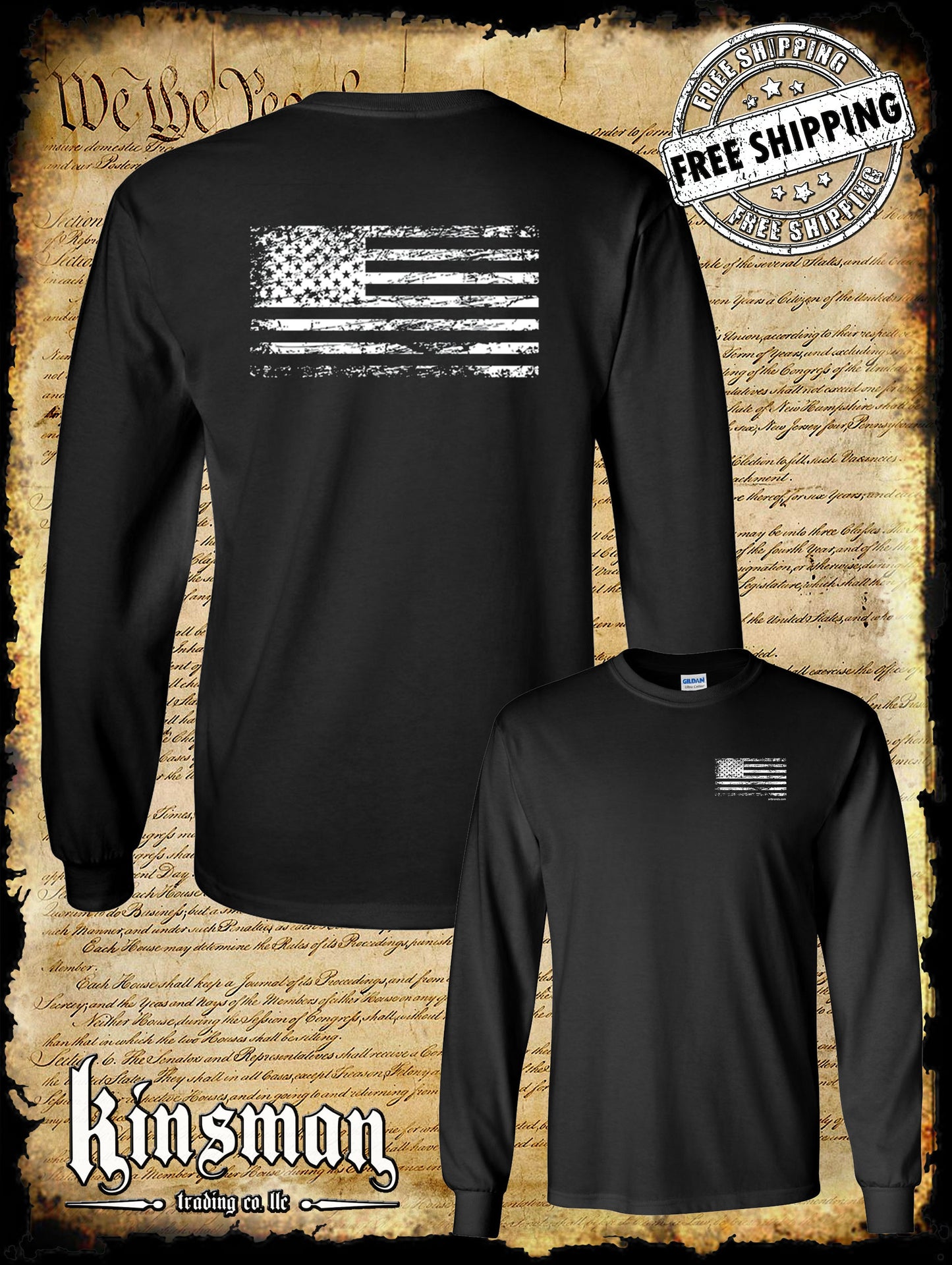 United States Flag Distressed 2-Sided Logo Long Sleeve T-Shirt USA