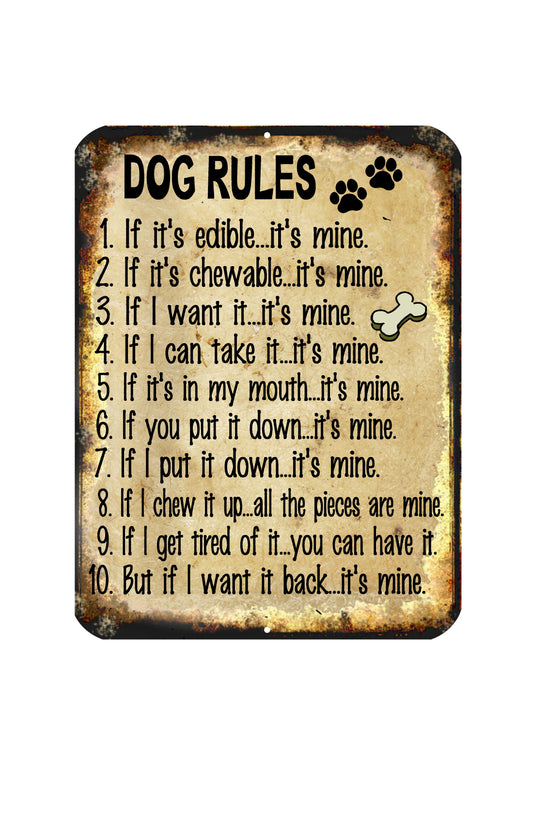 Dog Rules Funny Novelty Metal Sign 9x12 / Animal Pet Owners Lovers Puppy Kitten