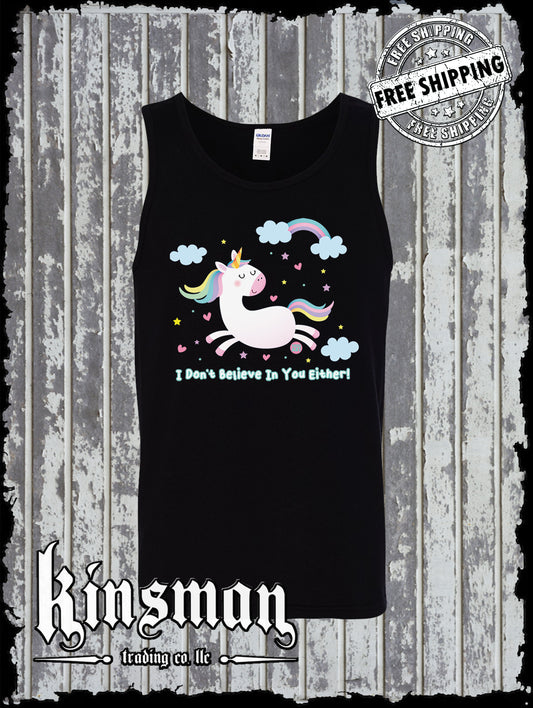 I Don't Believe In You Either Unicorn Funny Tank Top T-Shirt Todd Goldman Rainbow Clouds