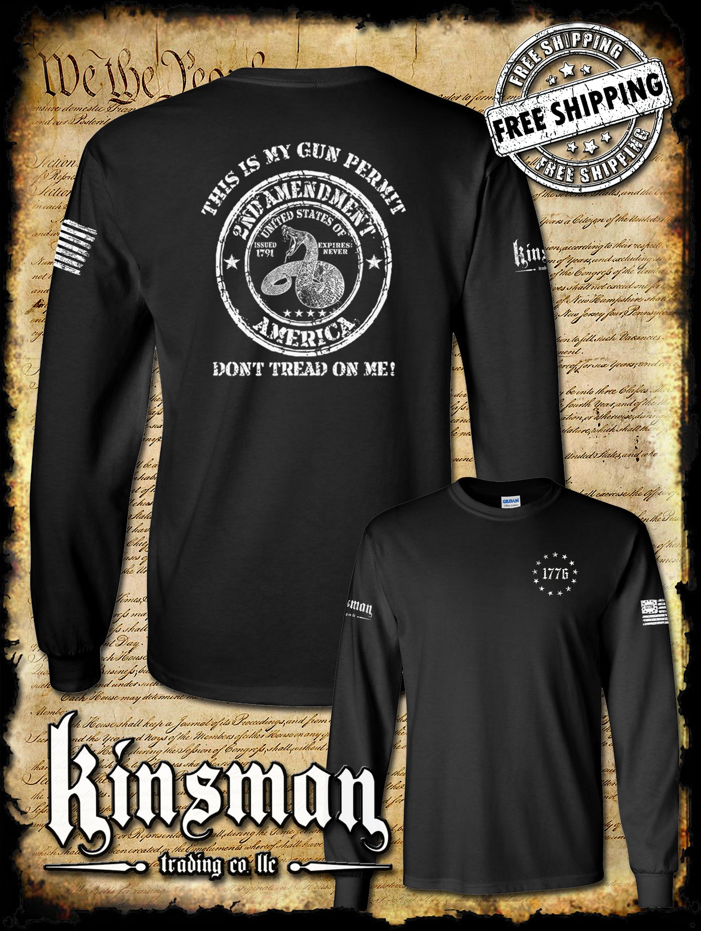 This Is My GUN PERMIT Don't Tread On Me 2-Sided Long Sleeve T-Shirt 2A USA