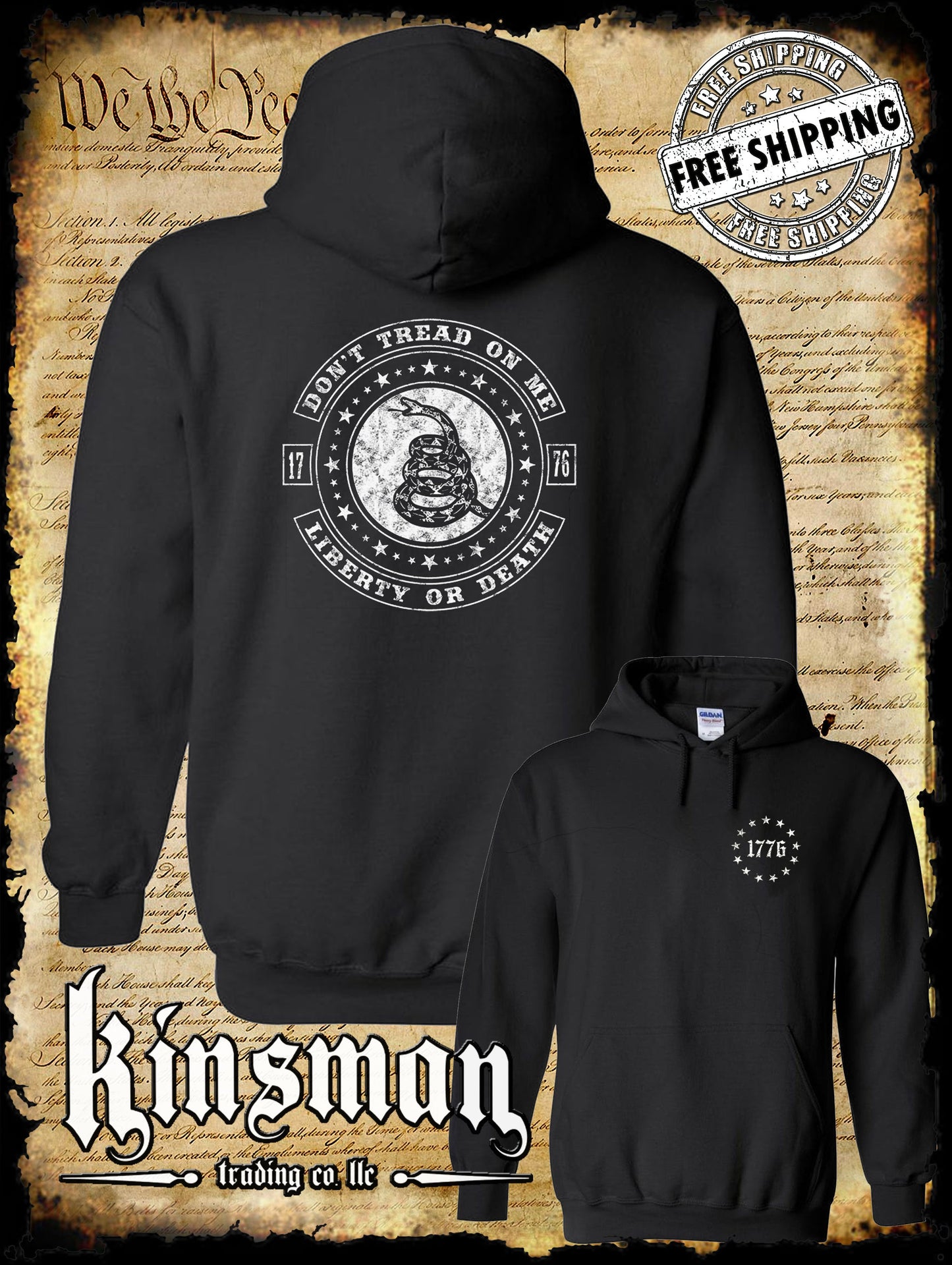 Don't Tread On Me LIBERTY or DEATH Rattlesnake 2-Sided Hoodie / Sweatshirt 2nd Amendment Pro Gun USA