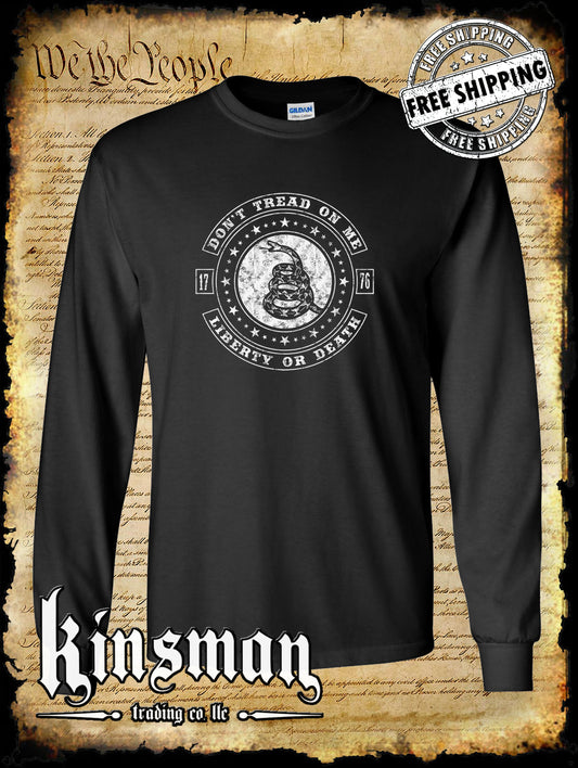 Don't Tread On Me LIBERTY or DEATH Rattlesnake Long Sleeve T-Shirt 2nd Amendment Pro Gun USA