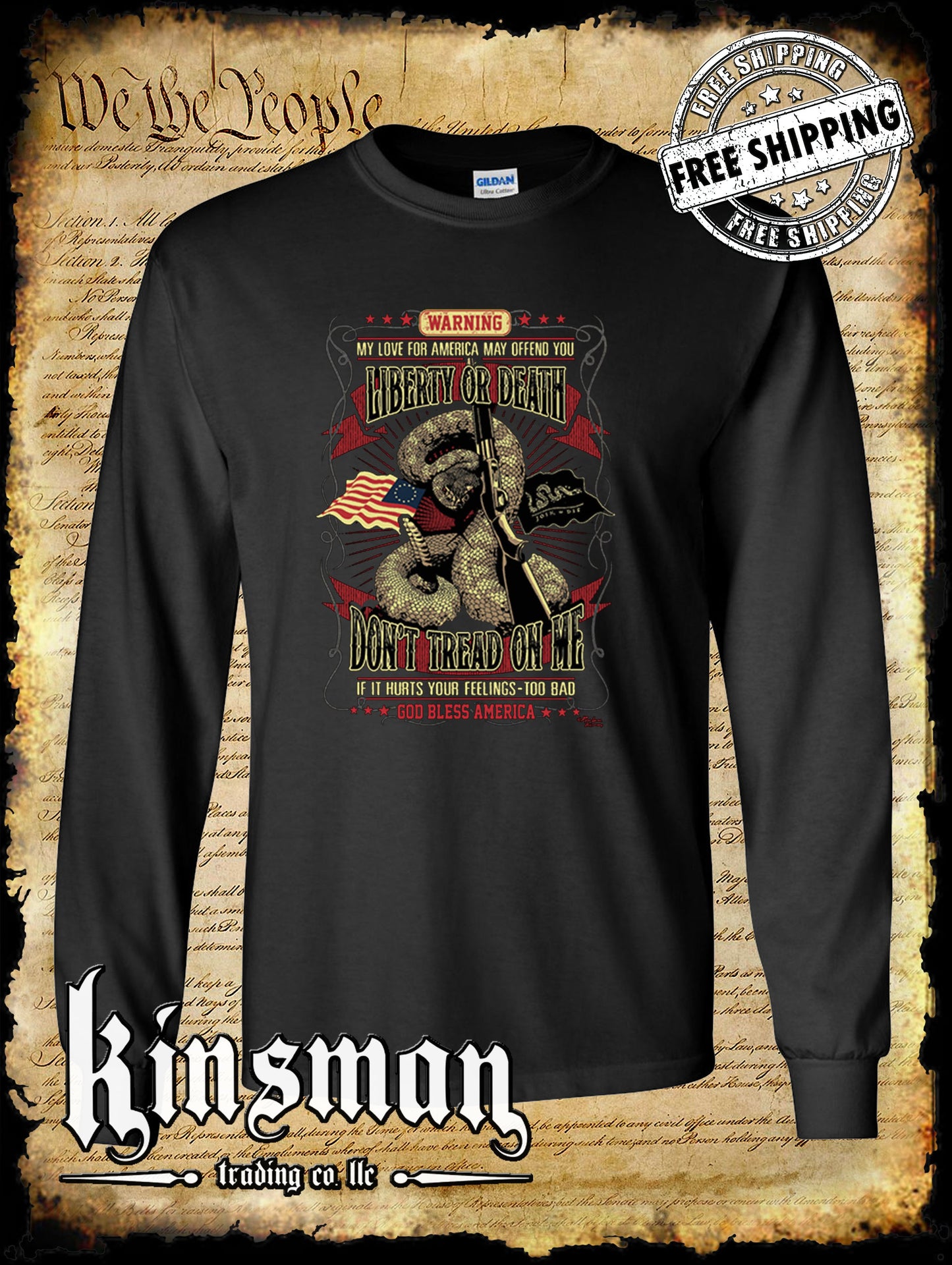 Liberty or Death Don't Tread on Me Rattlesnake Shotgun Long Sleeve T-Shirt 1776