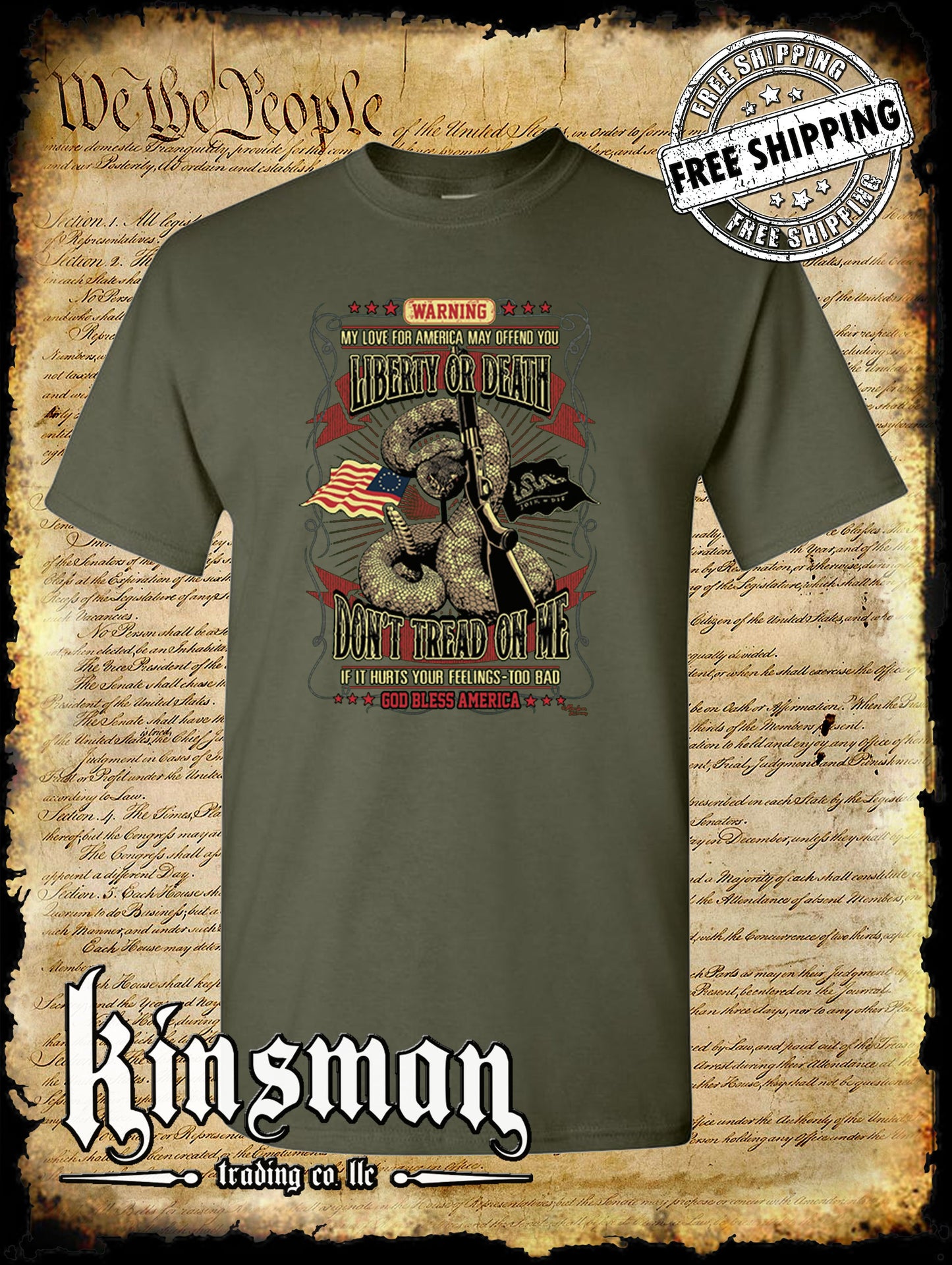 Liberty or Death Don't Tread on Me Rattlesnake Shotgun T-Shirt 1776