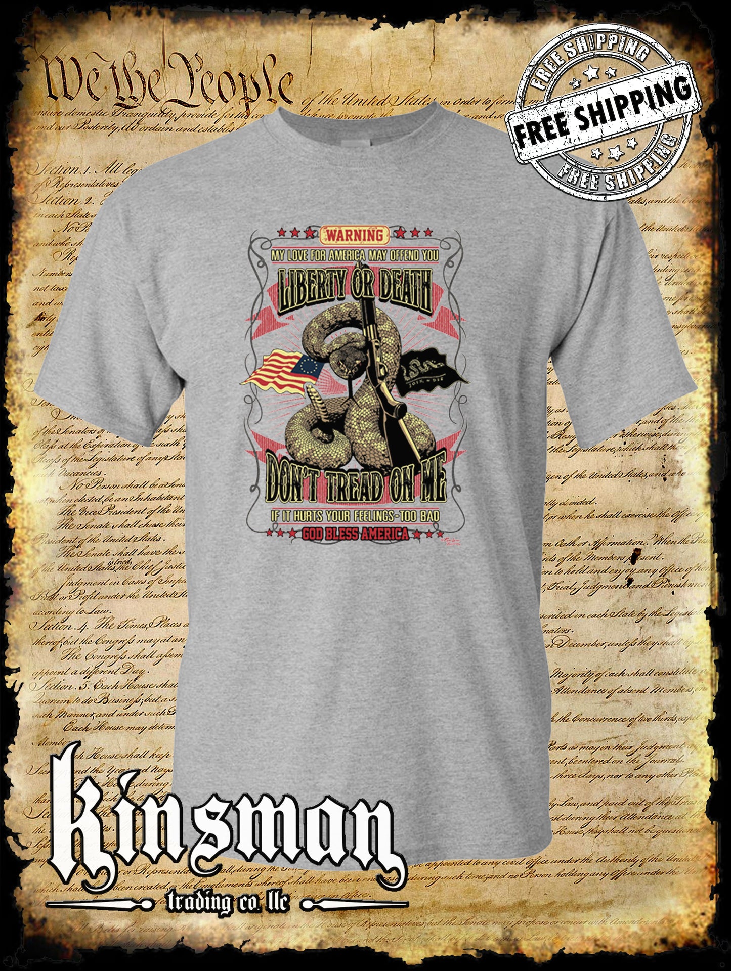 Liberty or Death Don't Tread on Me Rattlesnake Shotgun T-Shirt 1776