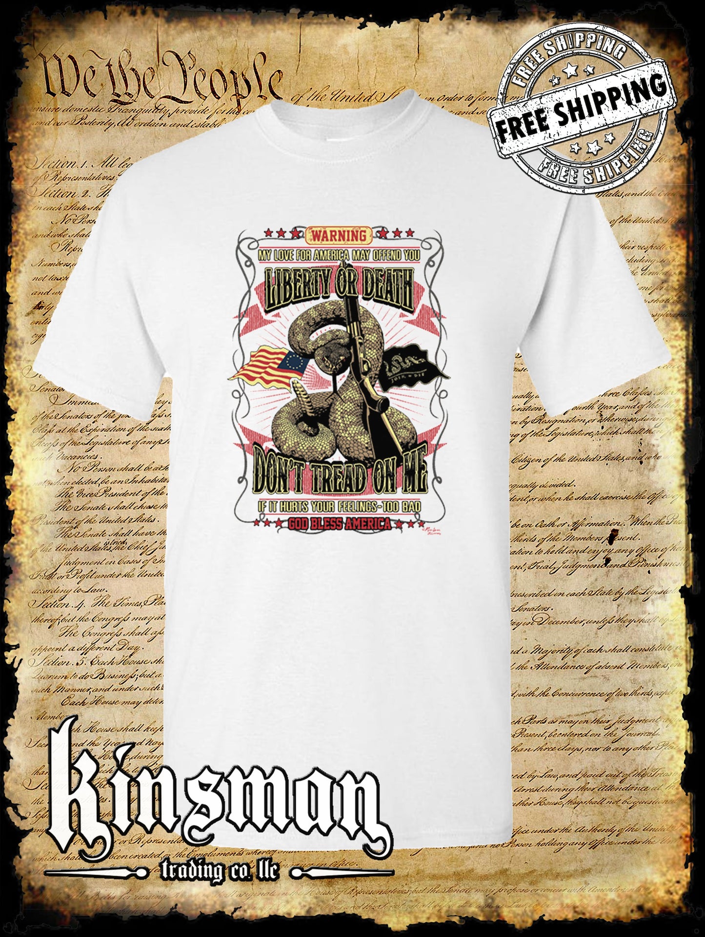 Liberty or Death Don't Tread on Me Rattlesnake Shotgun T-Shirt 1776