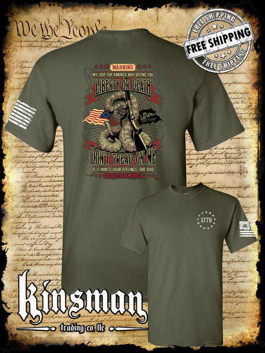 Liberty or Death Don't Tread on Me Rattlesnake Shotgun 2-Sided T-Shirt 1776