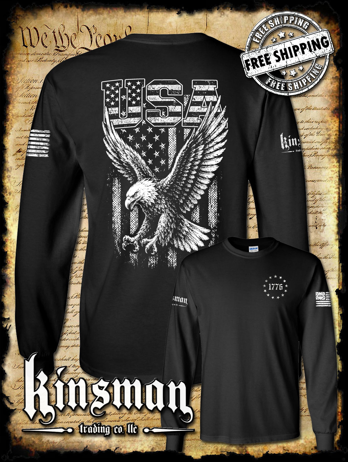 USA Flag with Soaring Bald Eagle Long Sleeve T-Shirt