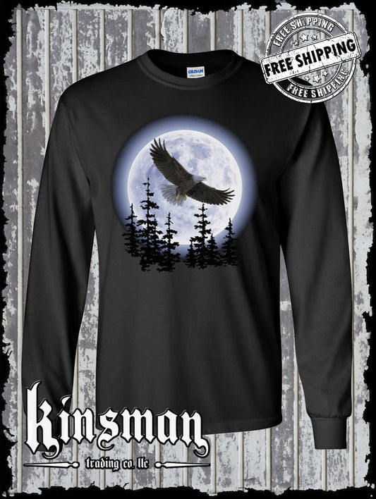 Flying Eagle in Moon Long Sleeve T-Shirt Native American Indian Wildlife Trees