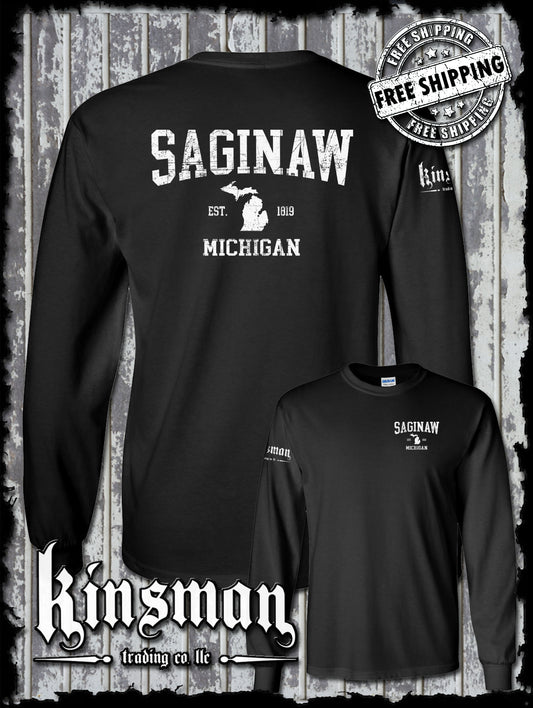 Saginaw Michigan Est 1819 2-Sided Long Sleeve T-Shirt