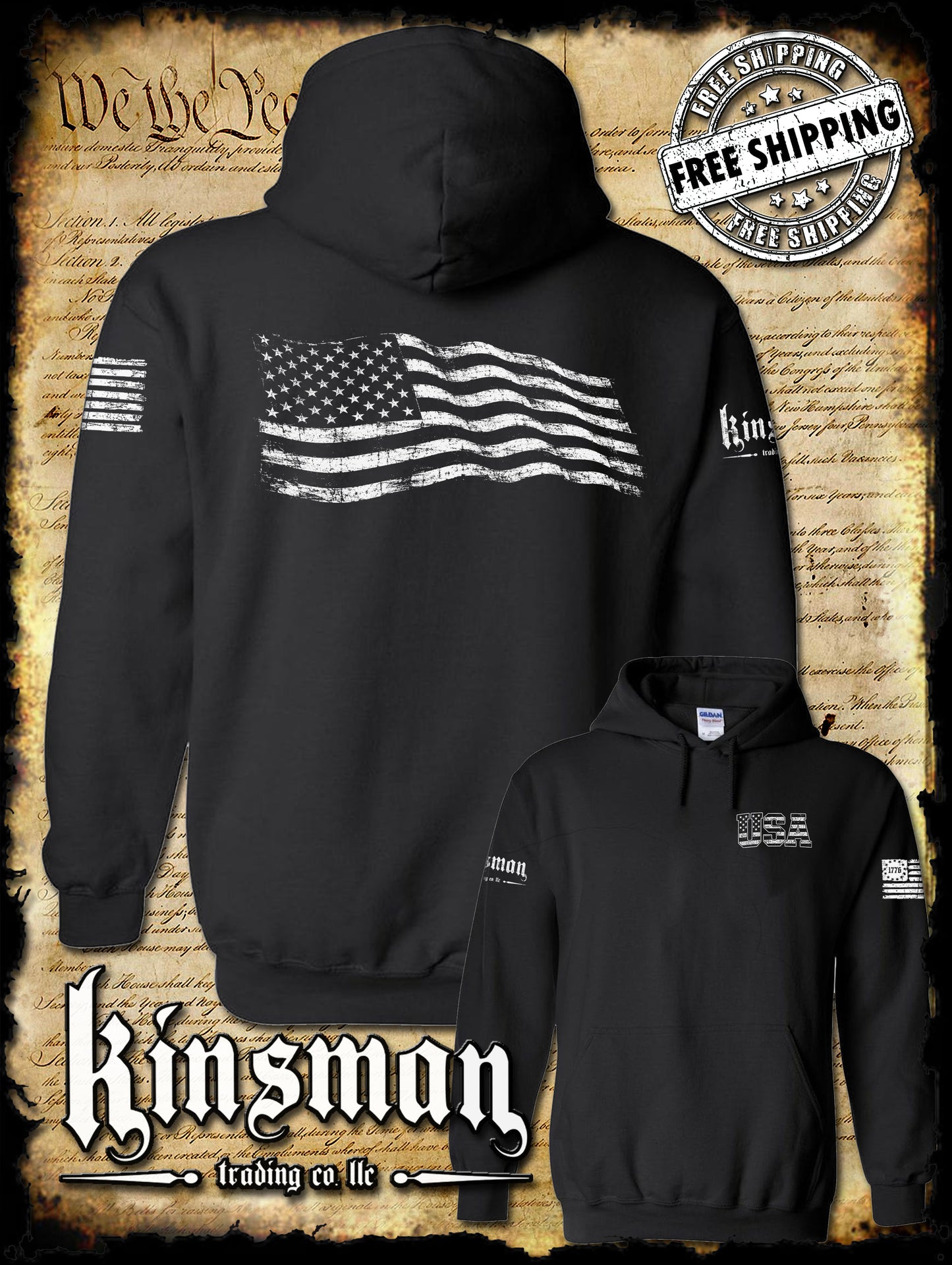 American Flag Hoodie / Sweatshirt Distressed / Weathered Design USA