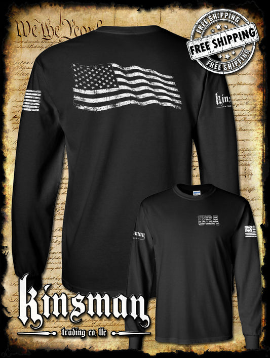 American Flag Long Sleeve T-Shirt Distressed / Weathered Design USA