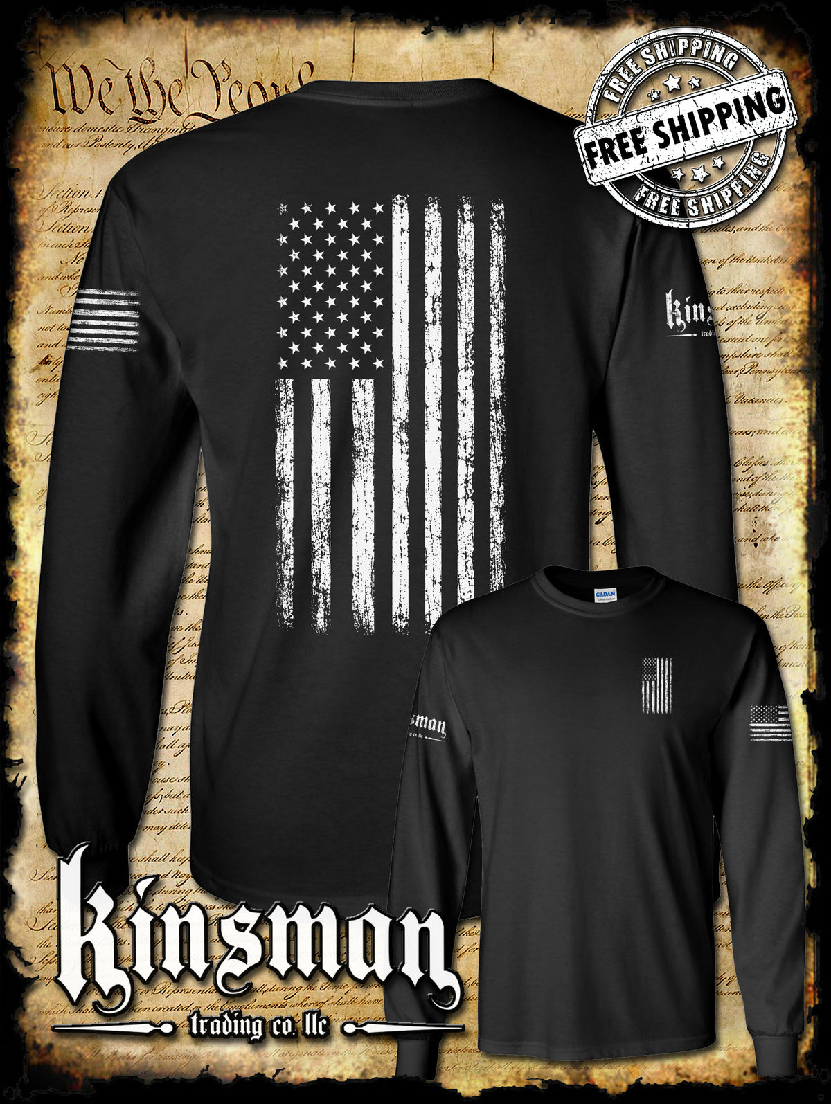 American Flag Vertical 2-Sided Long Sleeve T-Shirt