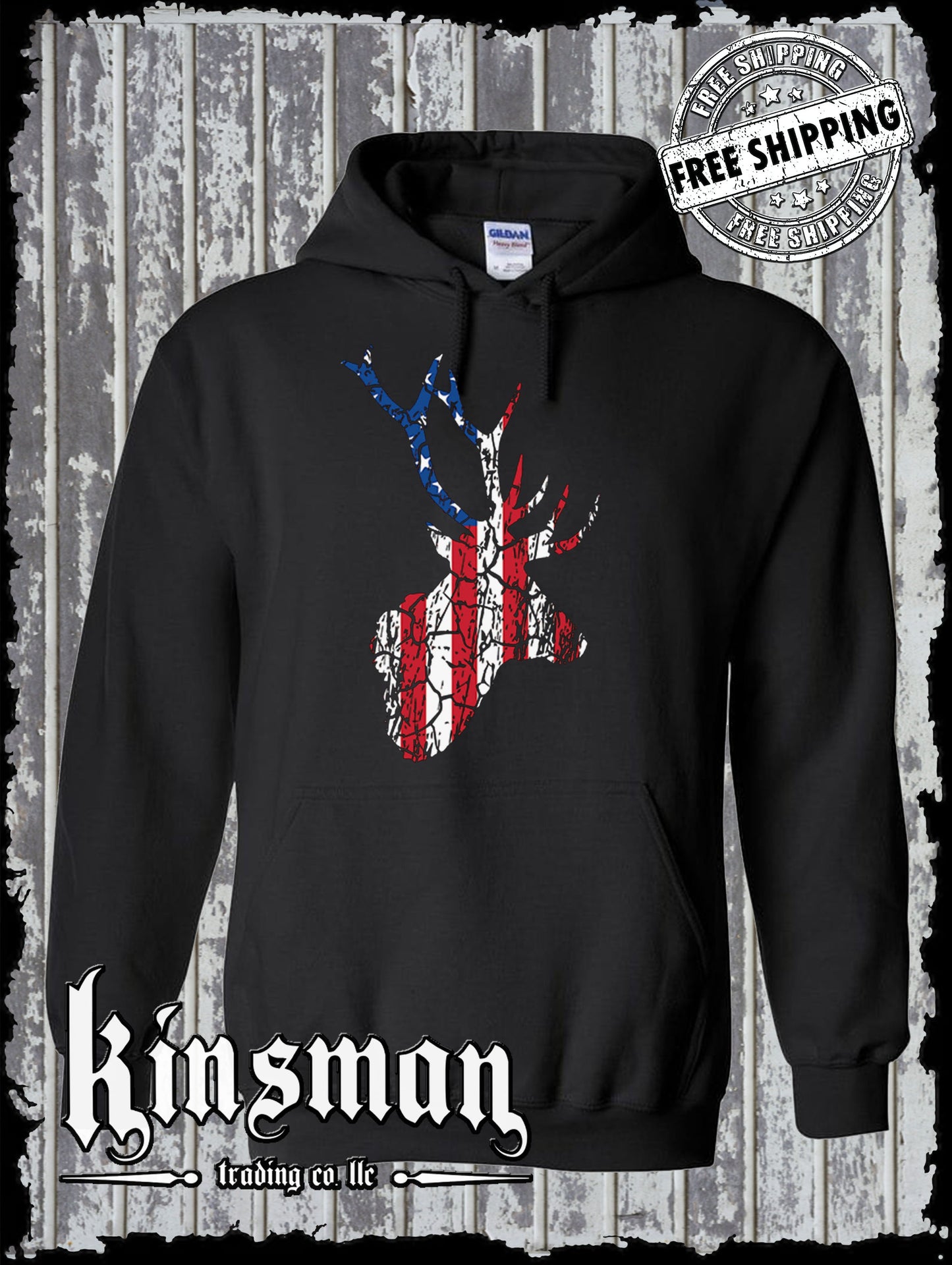 US Flag Deer Antlers Distressed Hoodie / Sweatshirt / Hunting American Flag USA