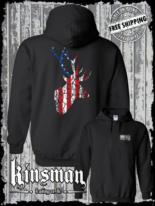 US Flag Deer Antlers Distressed 2-Sided Hoodie / Sweatshirt / Hunting American Flag USA