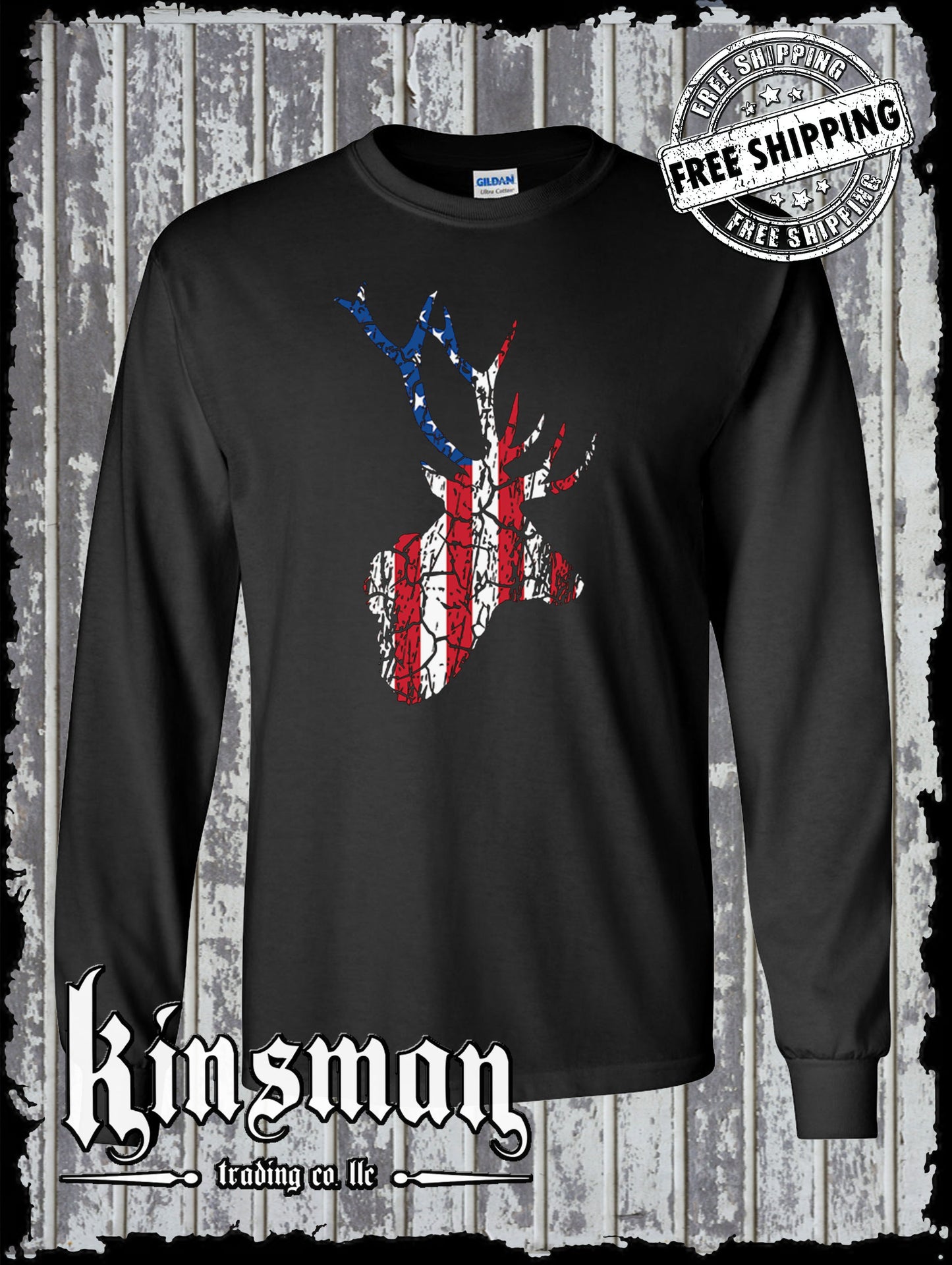 US Flag Deer Antlers Distressed Long Sleeve T-Shirt / Hunting American Flag USA