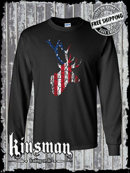 US Flag Deer Antlers Distressed Long Sleeve T-Shirt / Hunting American Flag USA