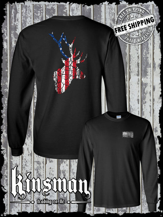 US Flag Deer Antlers Distressed 2-Sided Long Sleeve T-Shirt / Hunting American Flag USA