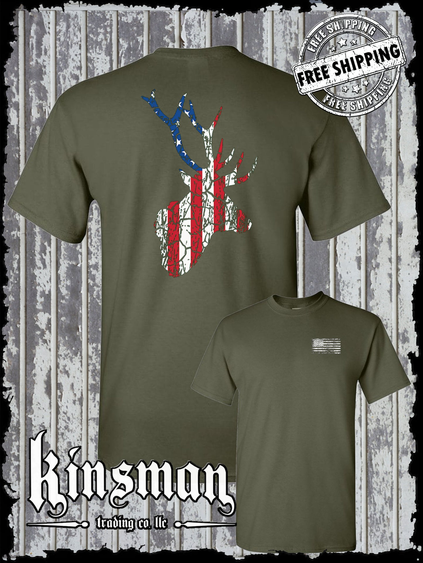 US Flag Deer Antlers Distressed 2-Sided T-Shirt / Hunting American Flag USA