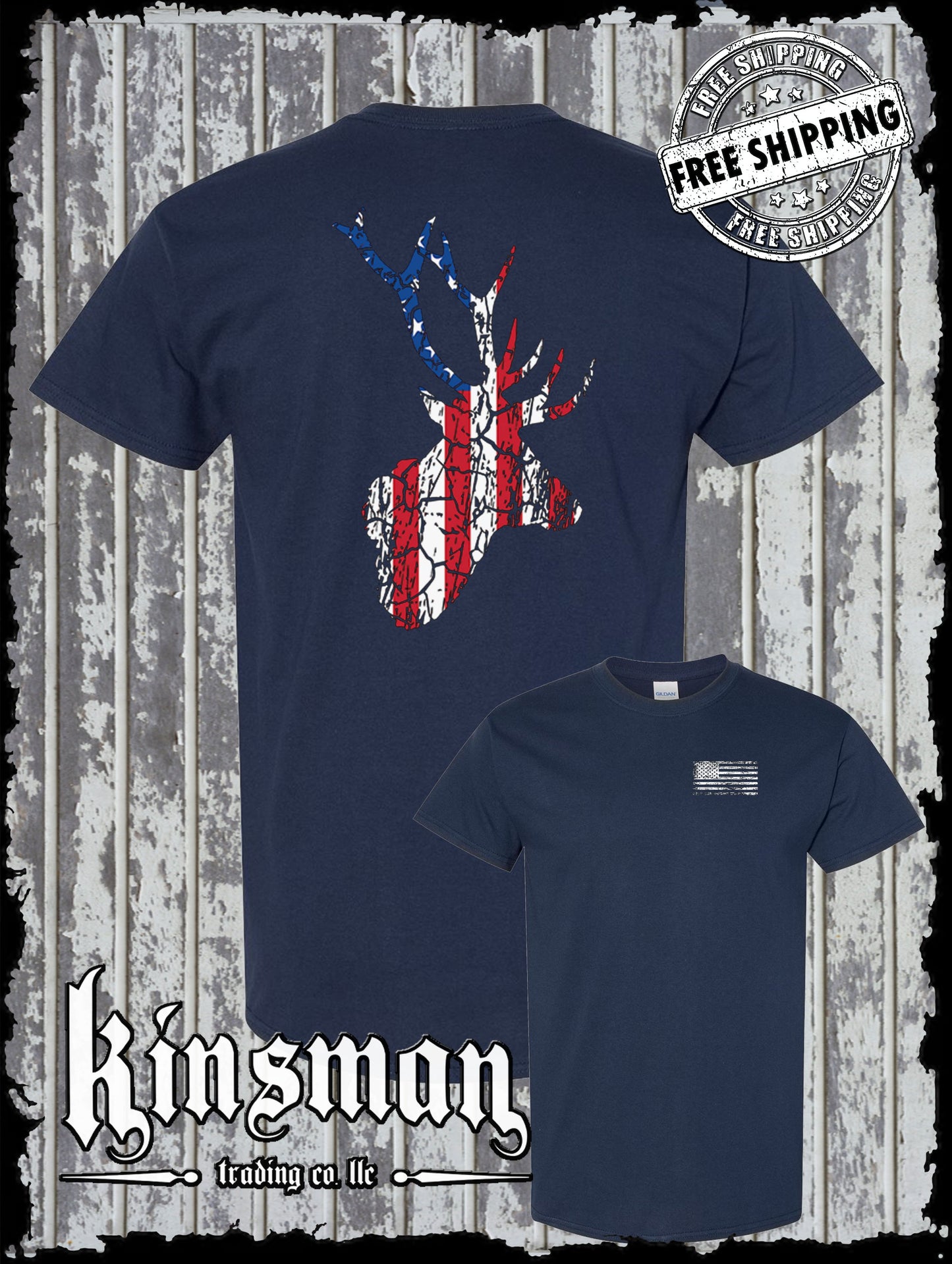 US Flag Deer Antlers Distressed 2-Sided T-Shirt / Hunting American Flag USA