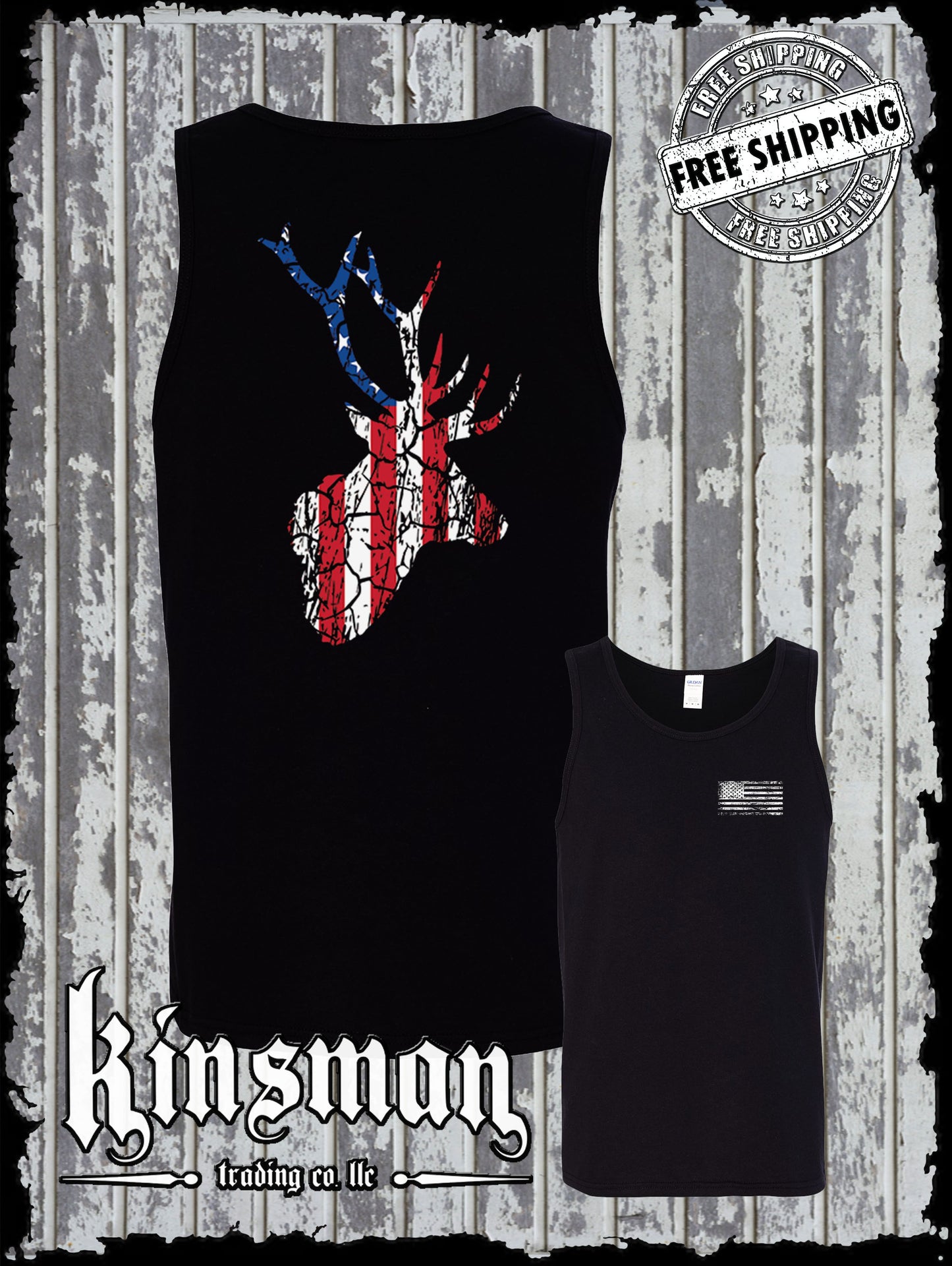 American Flag Deer Antlers Distressed 2-Sided Tank Top T-Shirt / Hunting